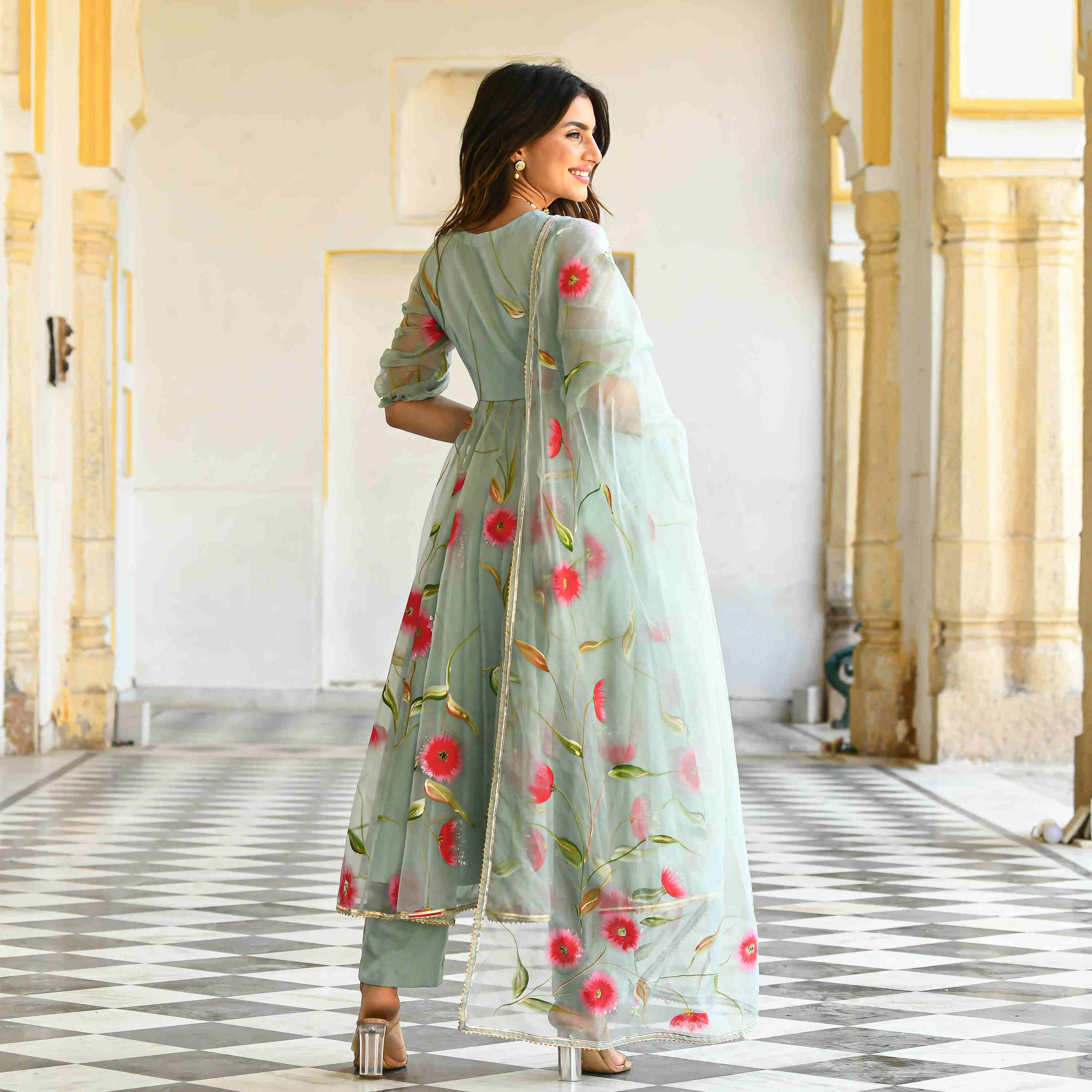 Pista green Floral Handpainted Georgette Gown