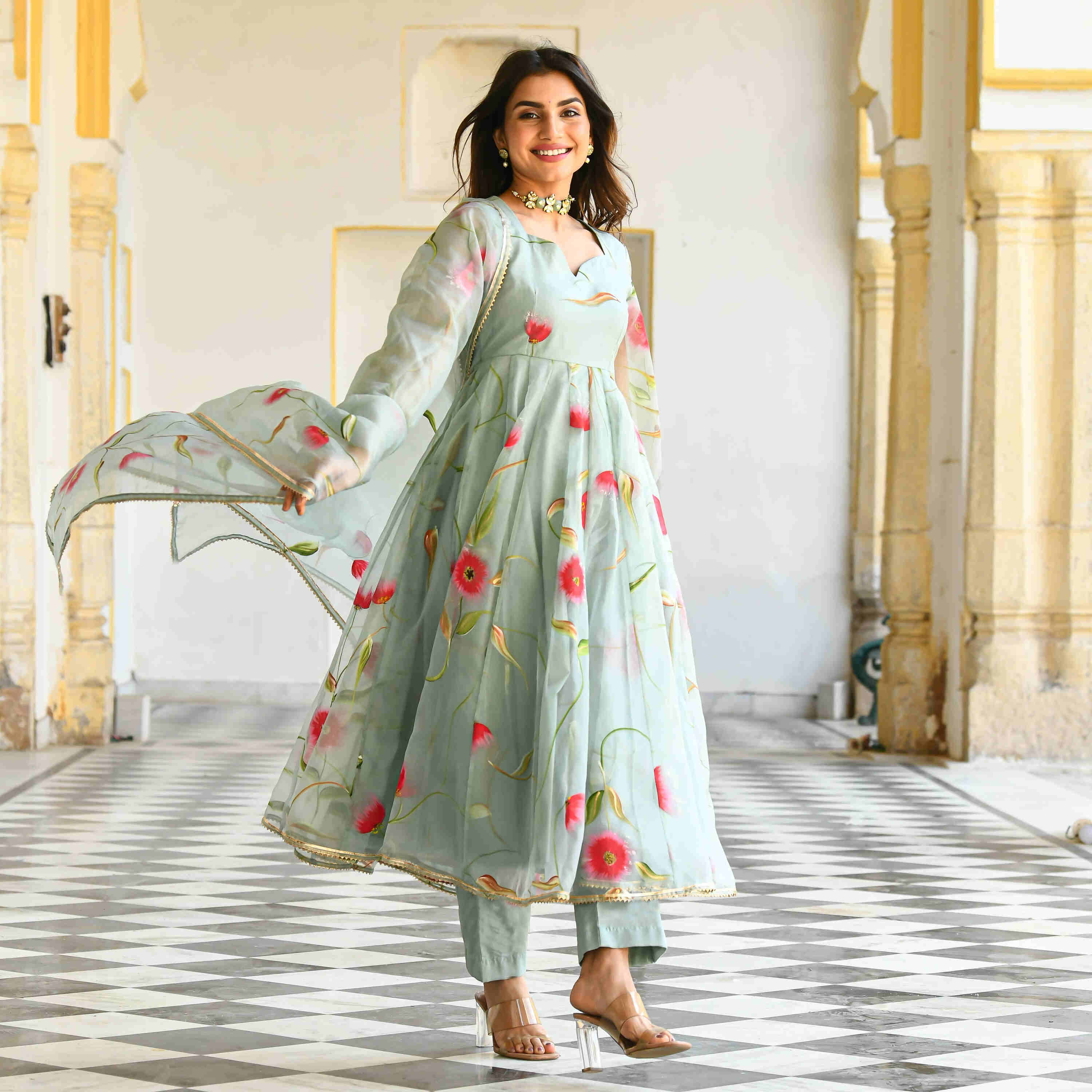 Pista green Floral Handpainted Georgette Gown