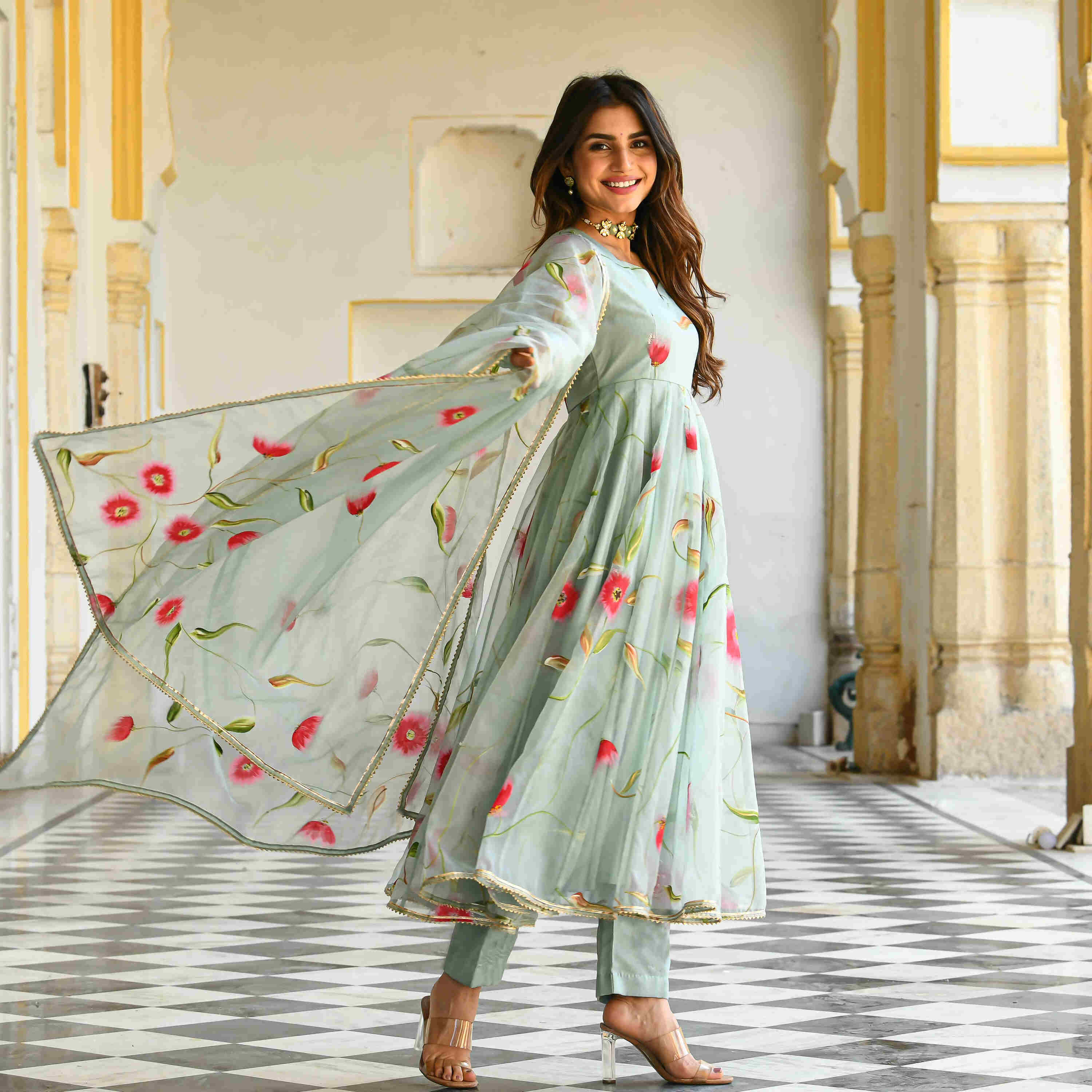 Pista green Floral Handpainted Georgette Gown