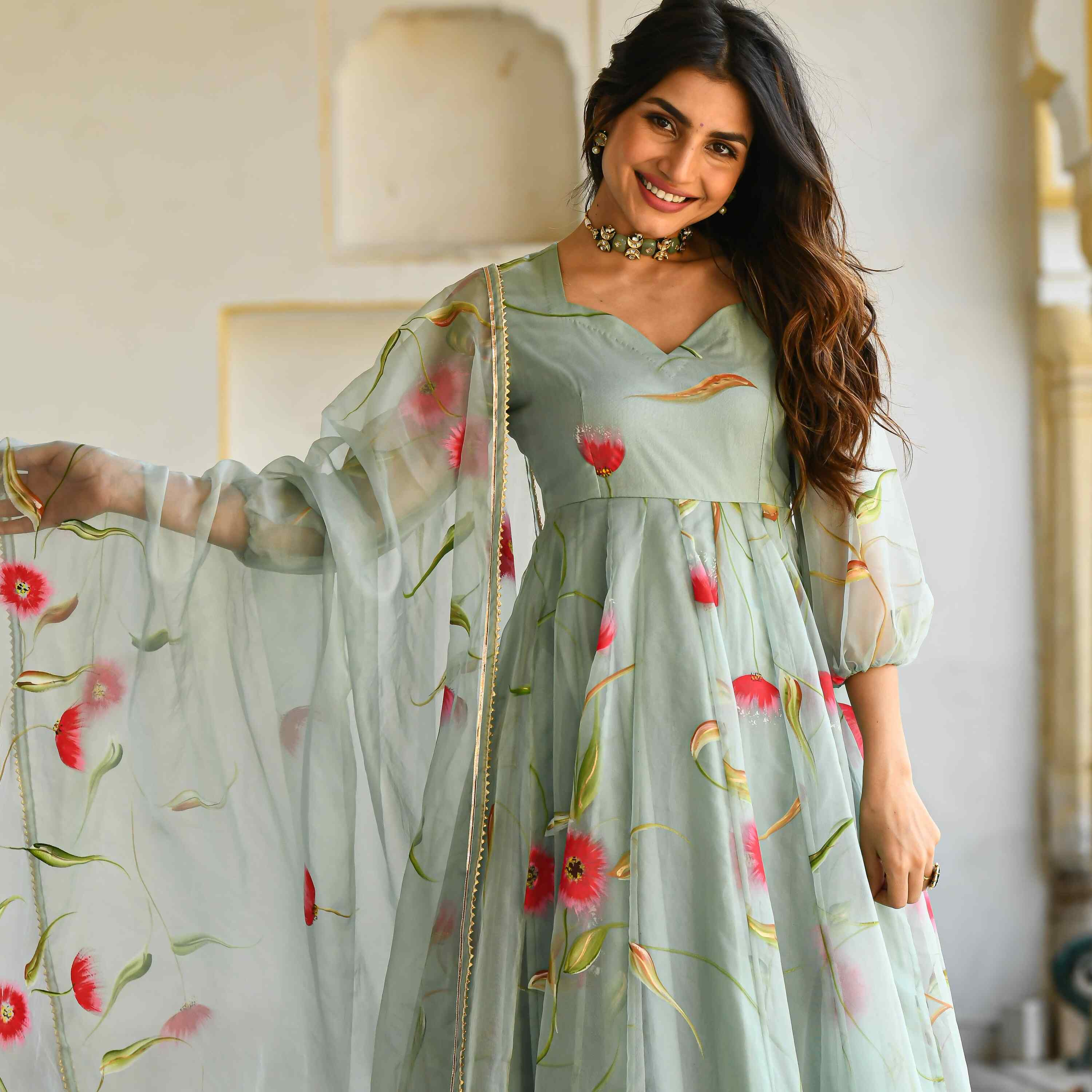 Pista green Floral Handpainted Georgette Gown