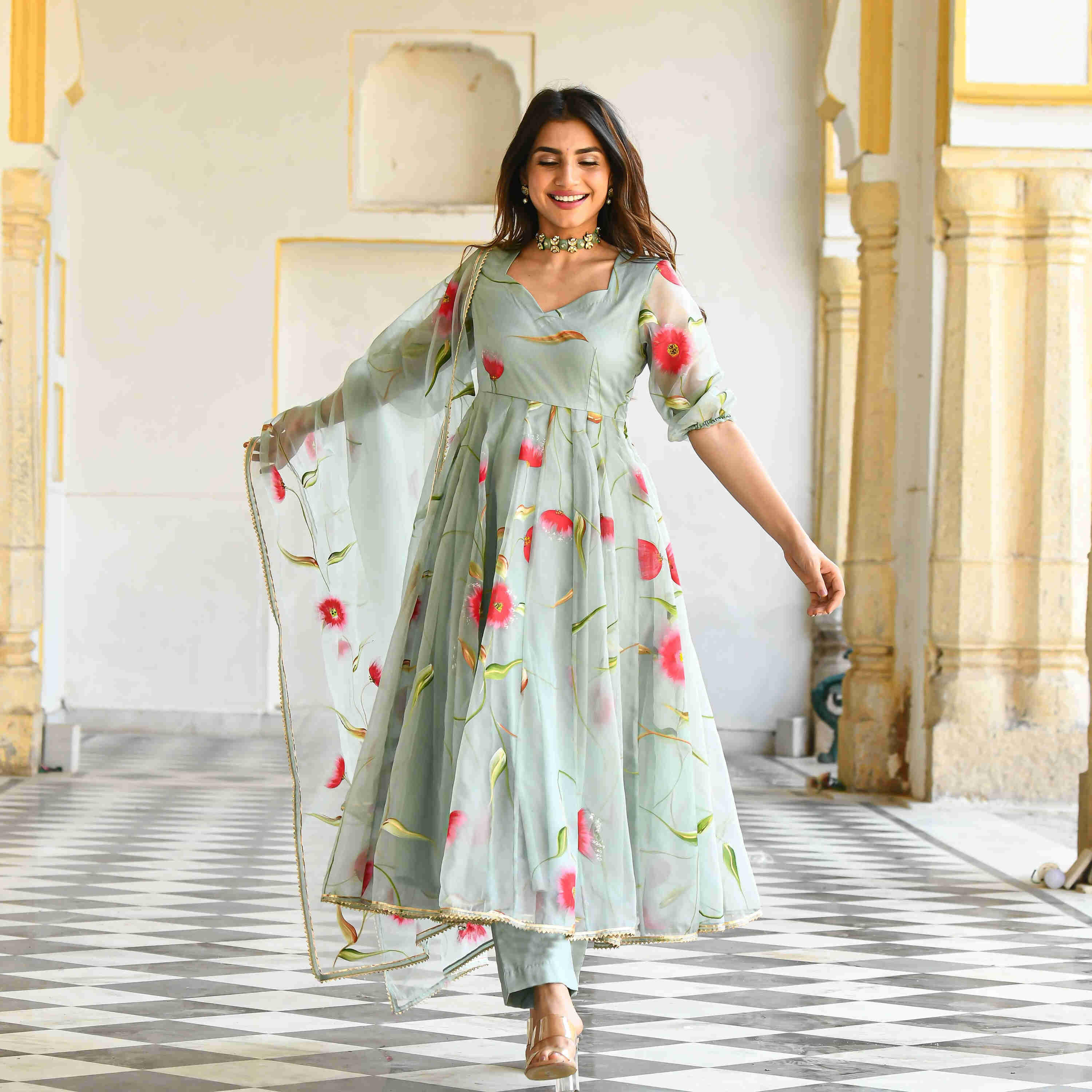 Pista green Floral Handpainted Georgette Gown