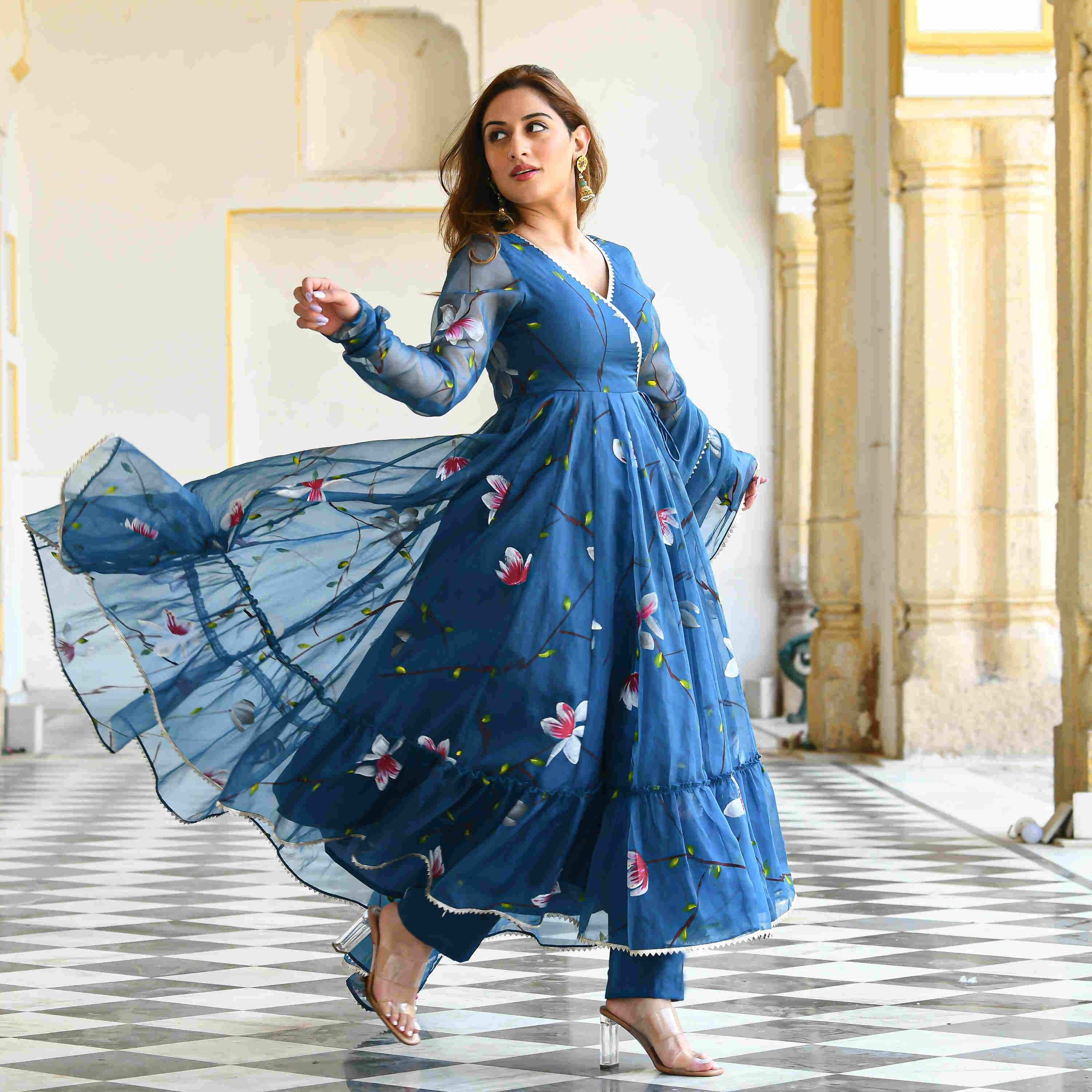 Blue Floral Handpainted Georgette Gown