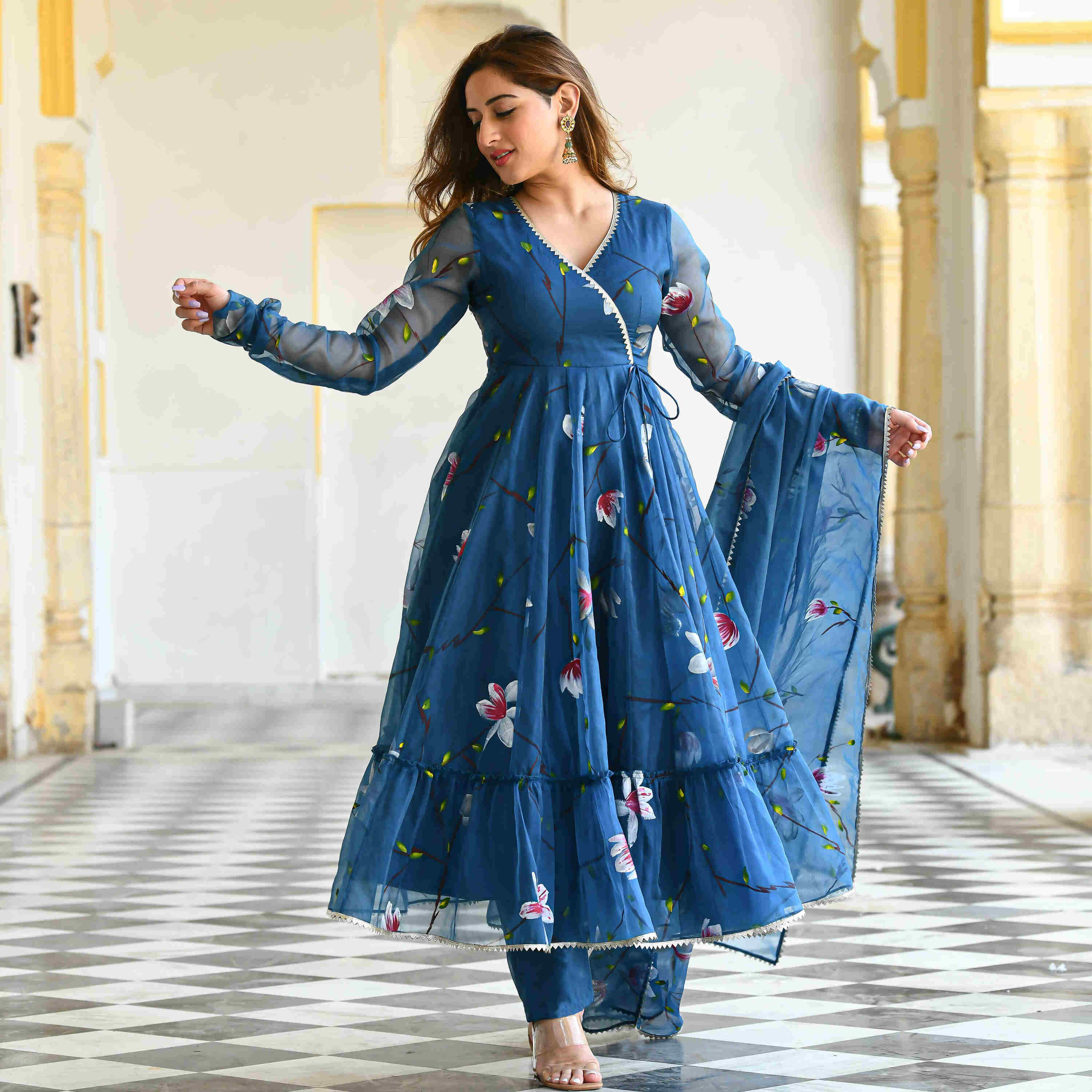 Blue Floral Handpainted Georgette Gown