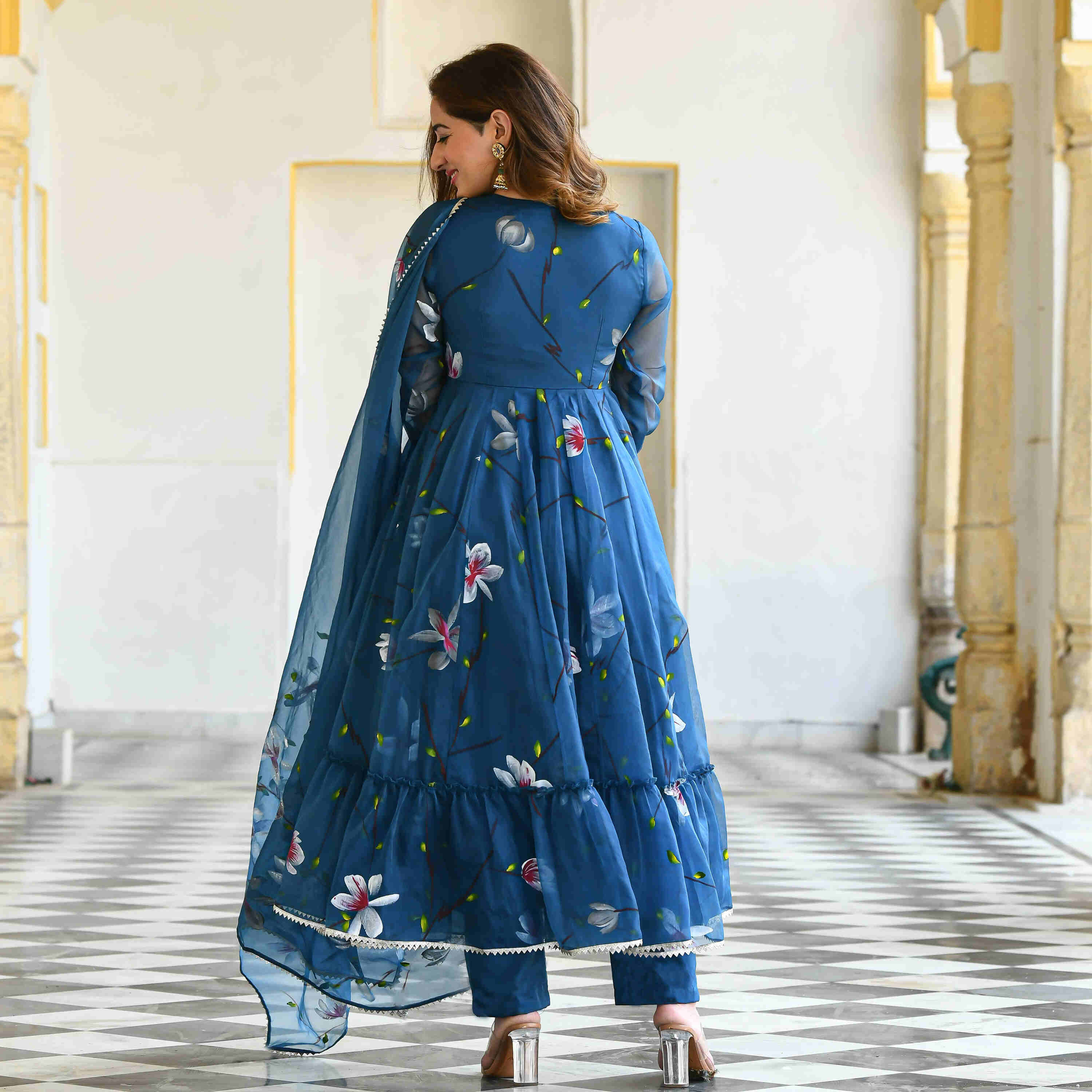 Blue Floral Handpainted Georgette Gown