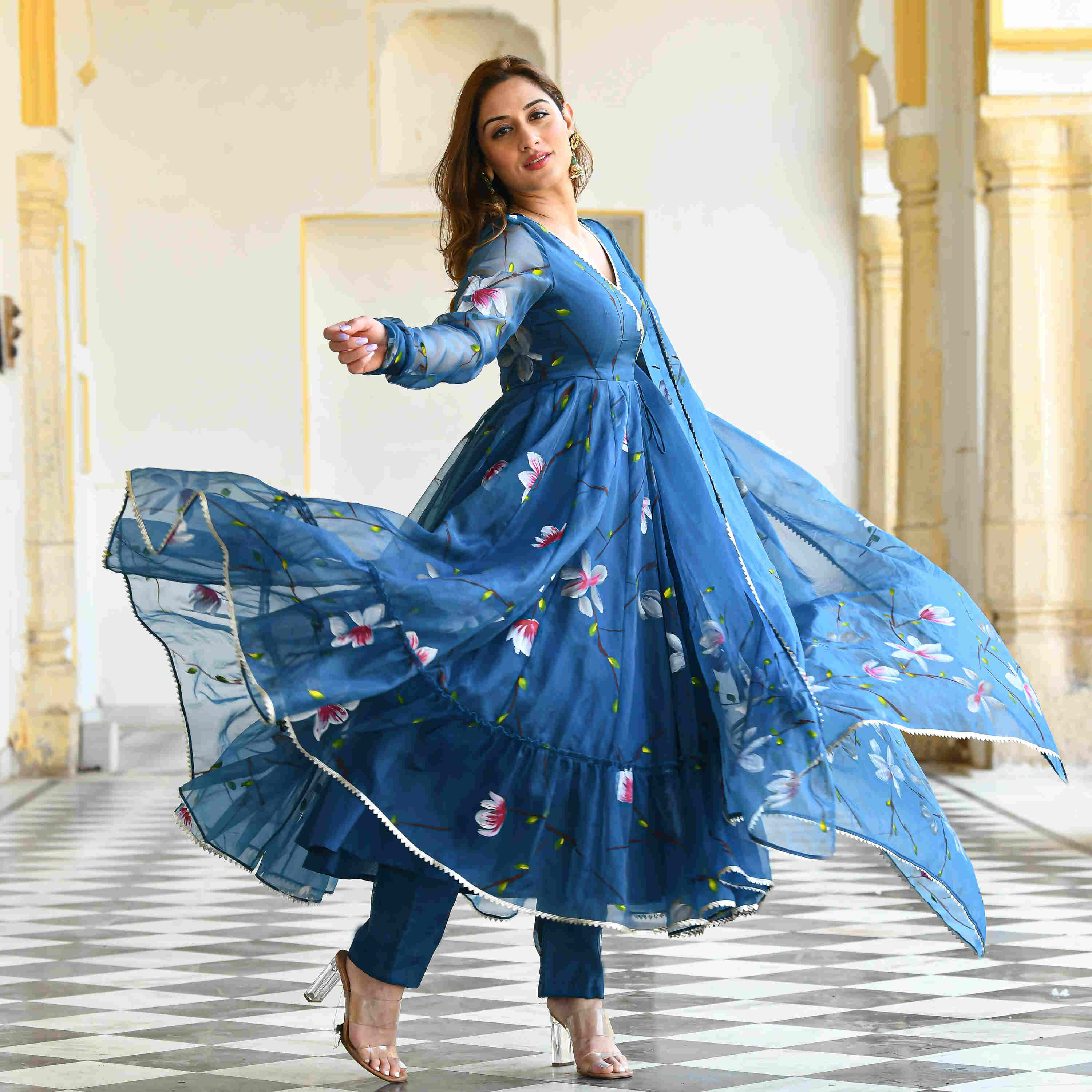 Blue Floral Handpainted Georgette Gown