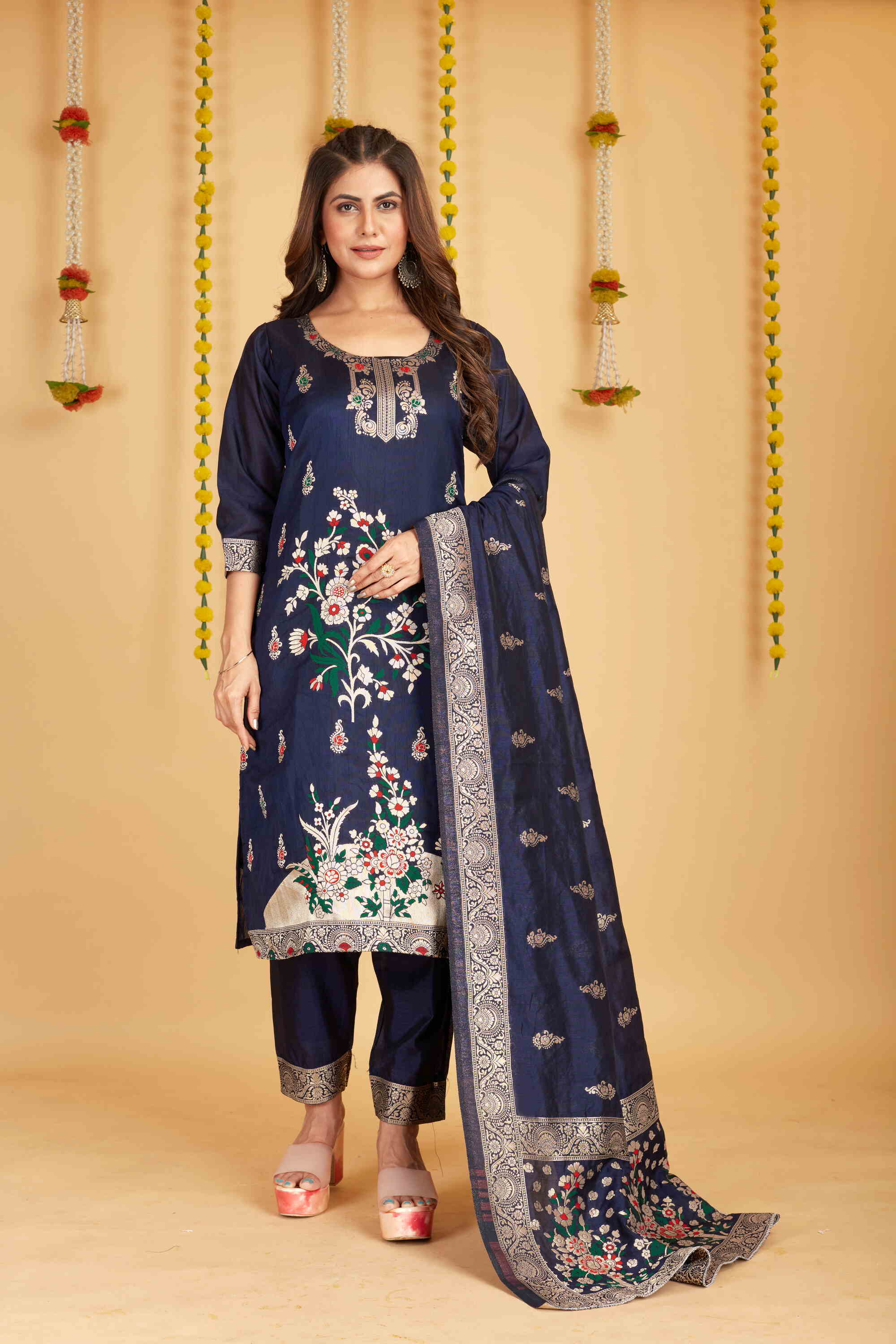 Navy blue color paithani silk unstitched  Suit