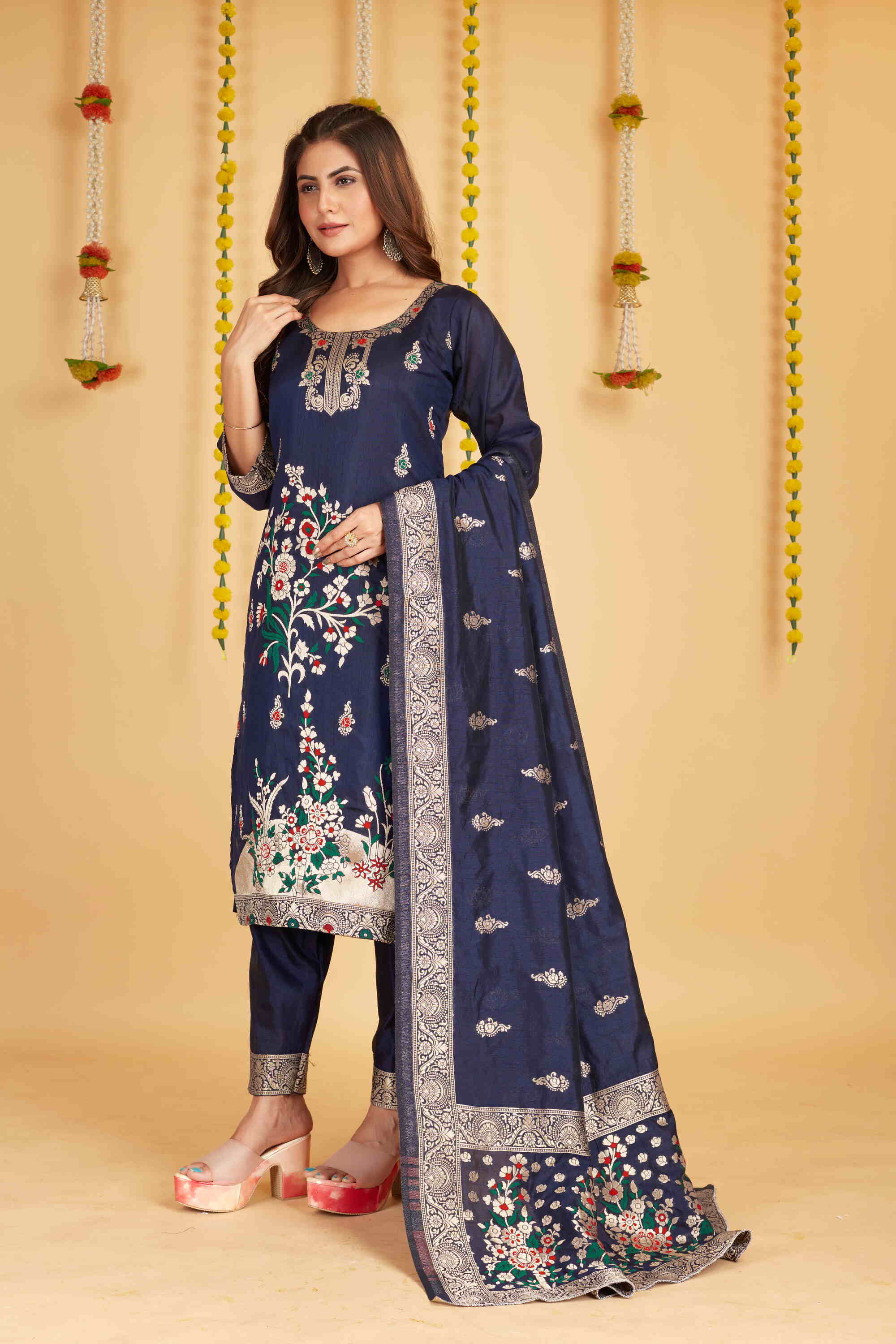 Navy blue color paithani silk unstitched  Suit