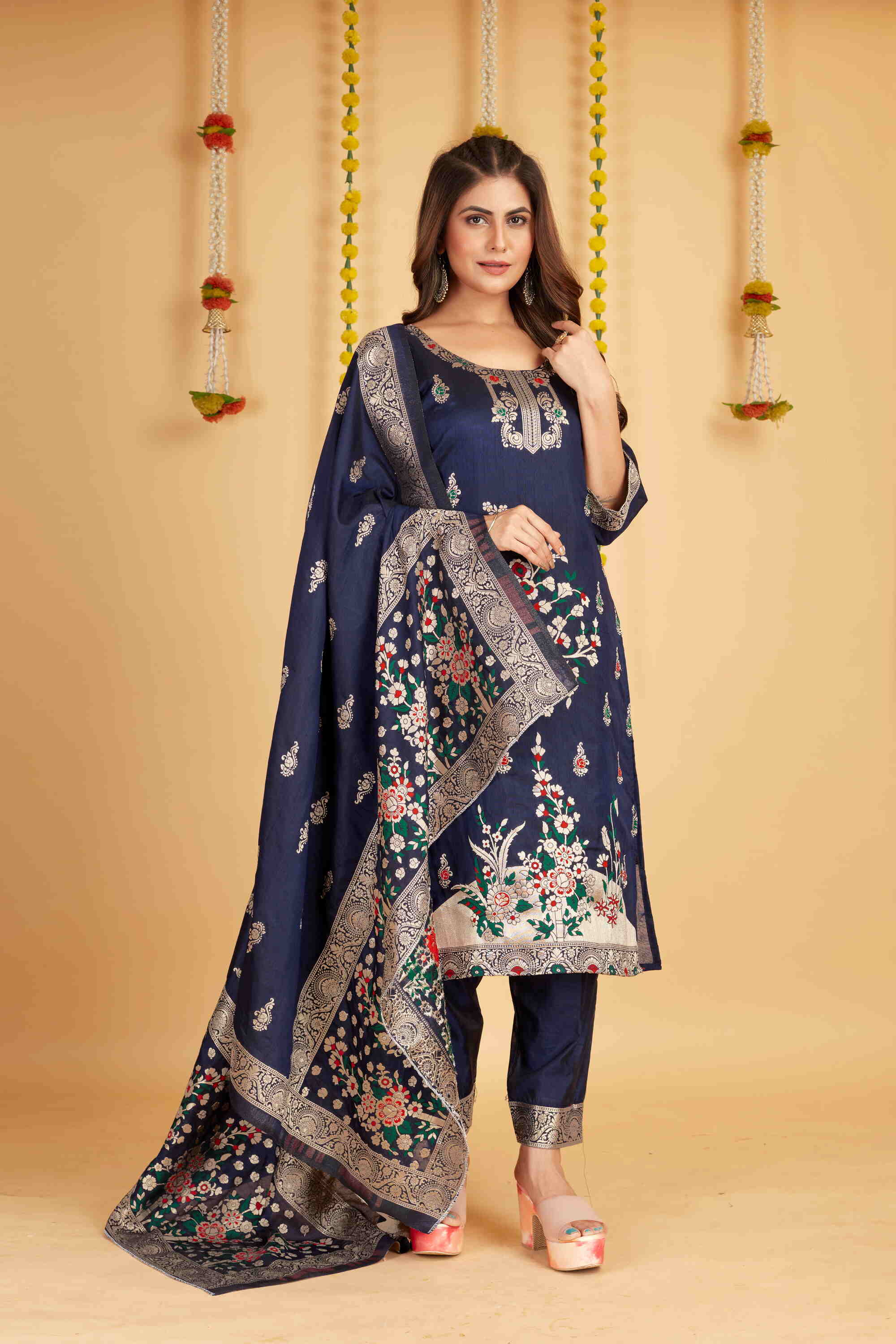 Navy blue color paithani silk unstitched  Suit