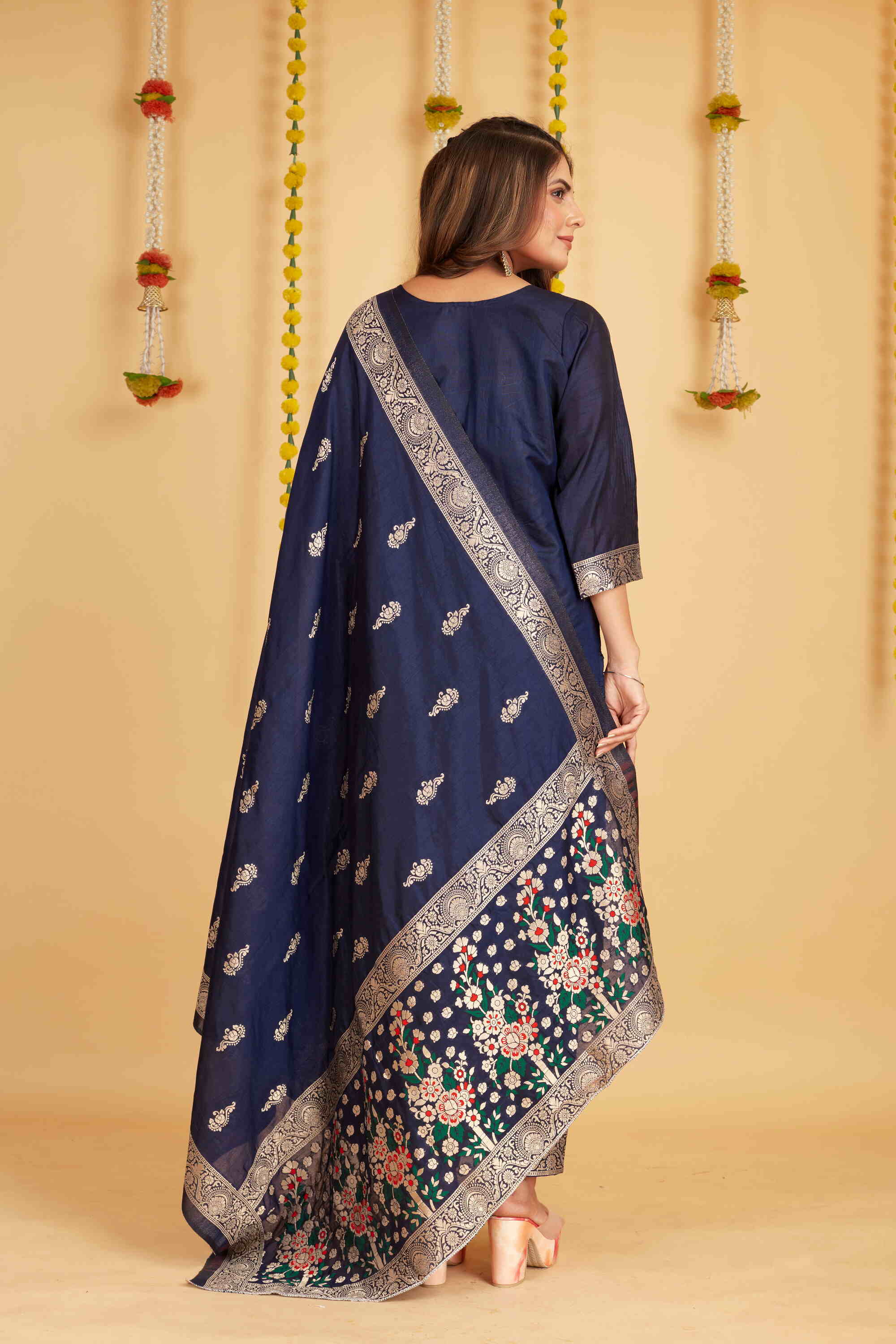 Navy blue color paithani silk unstitched  Suit