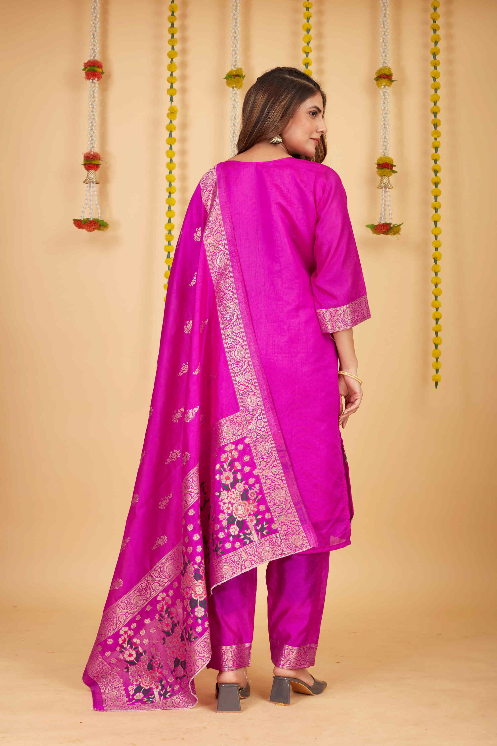 Pink color paithani silk unstitched  Suit