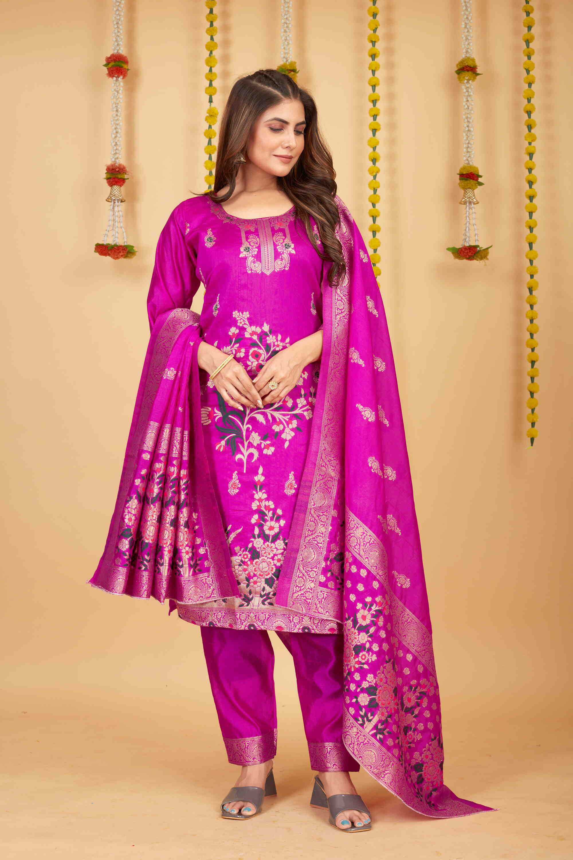 Pink color paithani silk unstitched  Suit