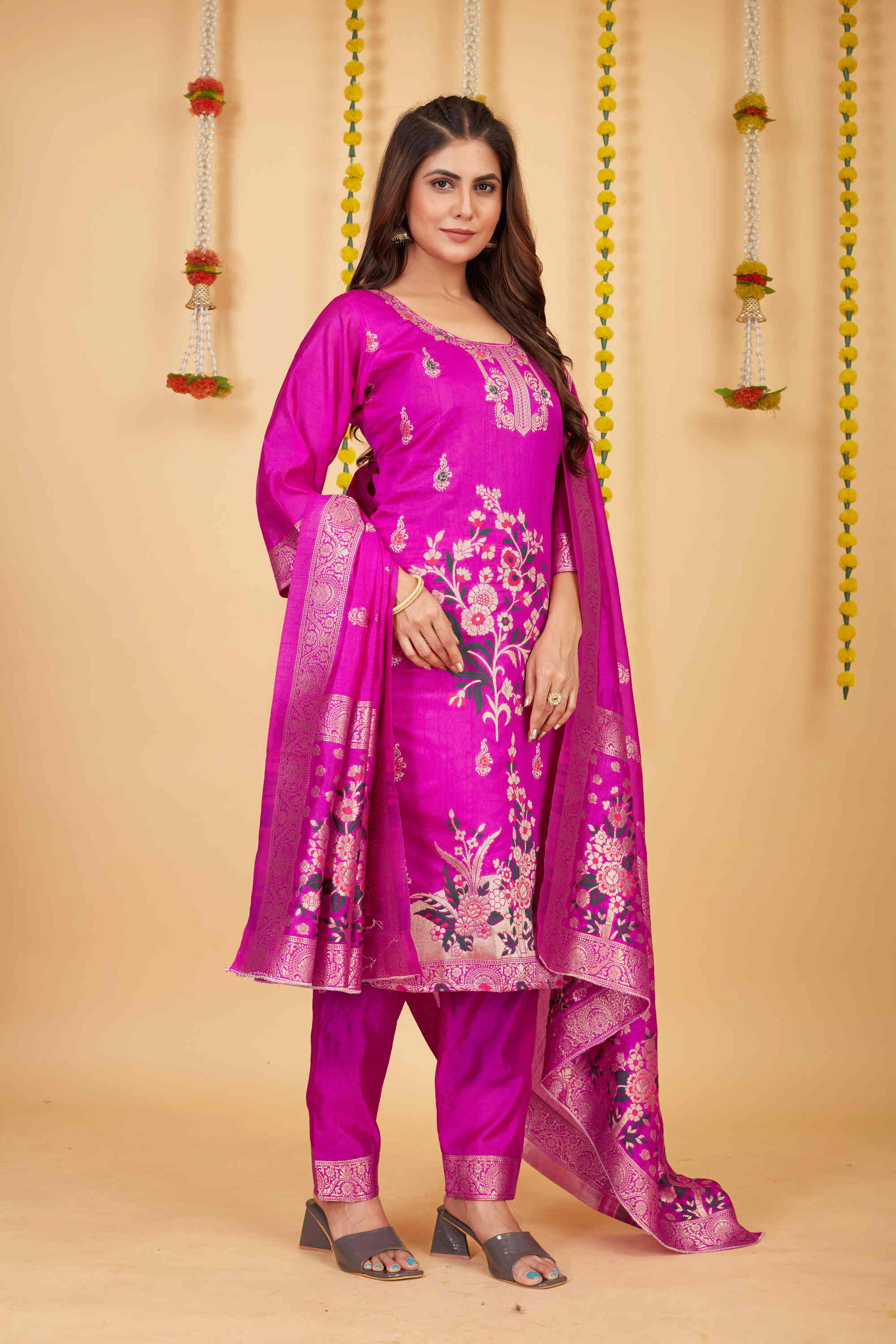 Pink color paithani silk unstitched  Suit