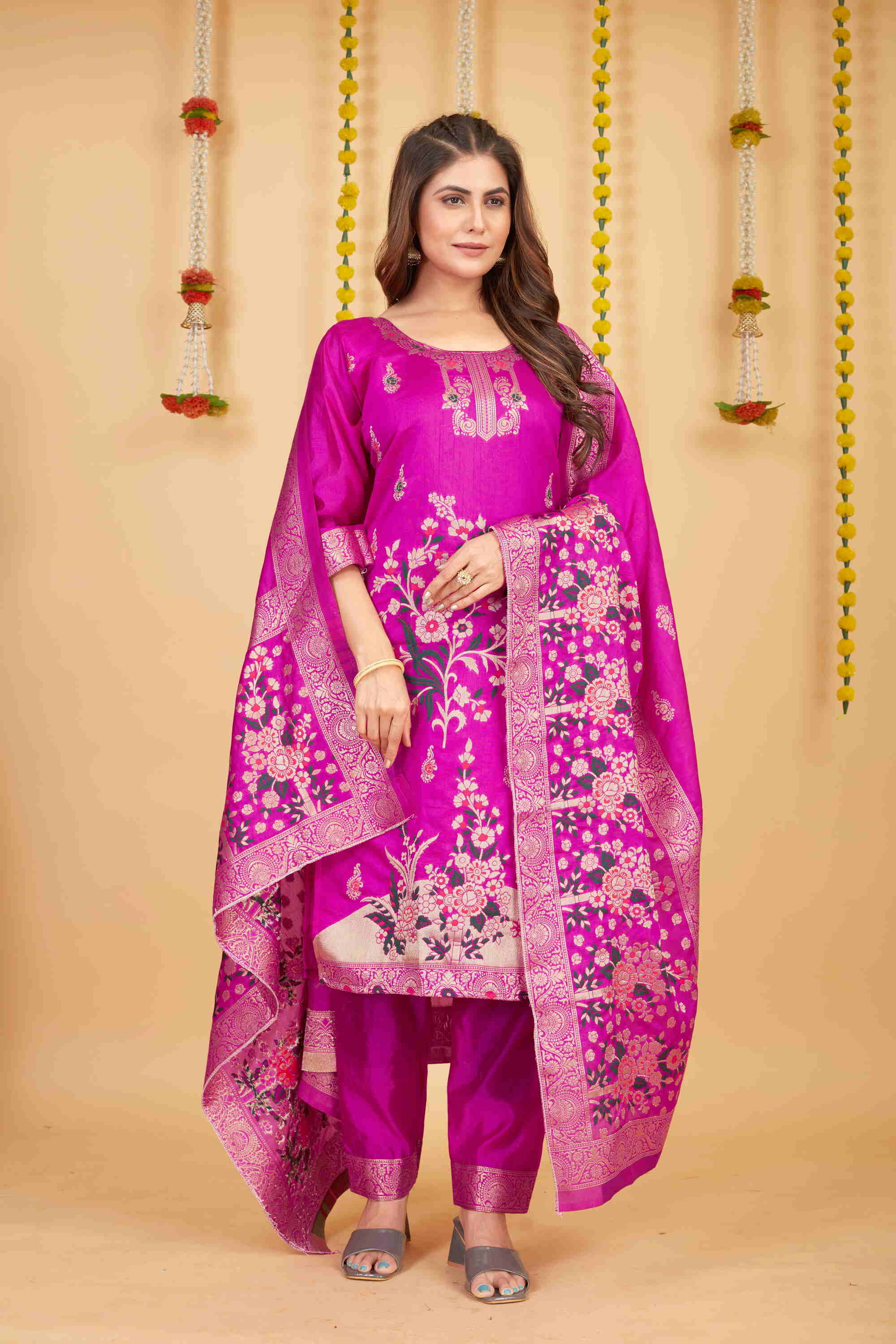 Pink color paithani silk unstitched  Suit