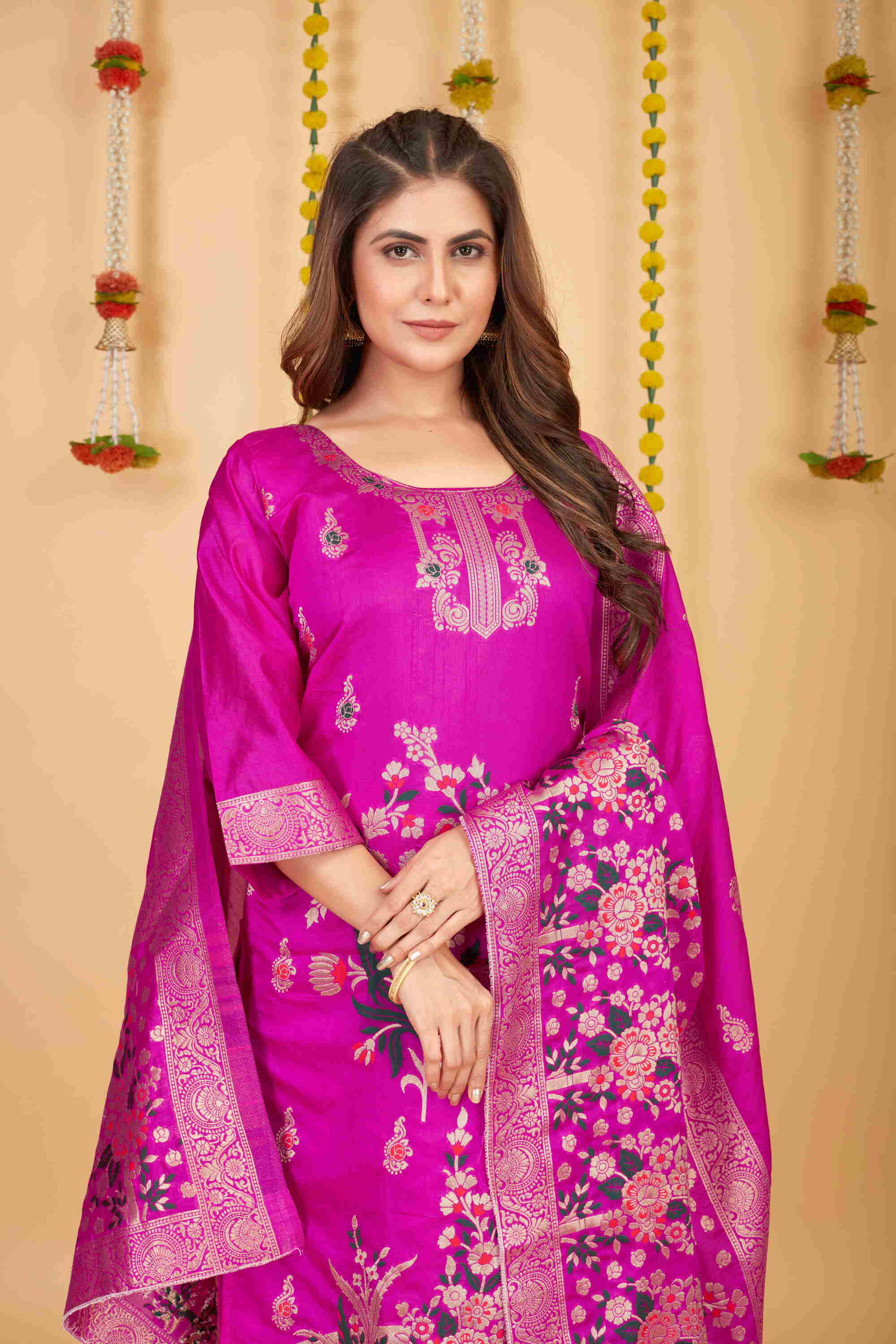 Pink color paithani silk unstitched  Suit