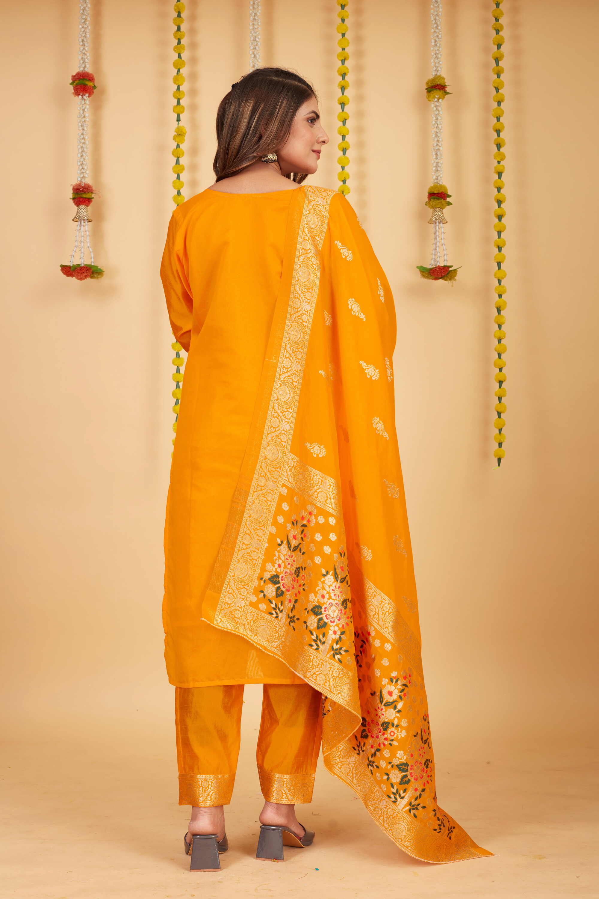 Yellow color paithani silk unstitched  Suit