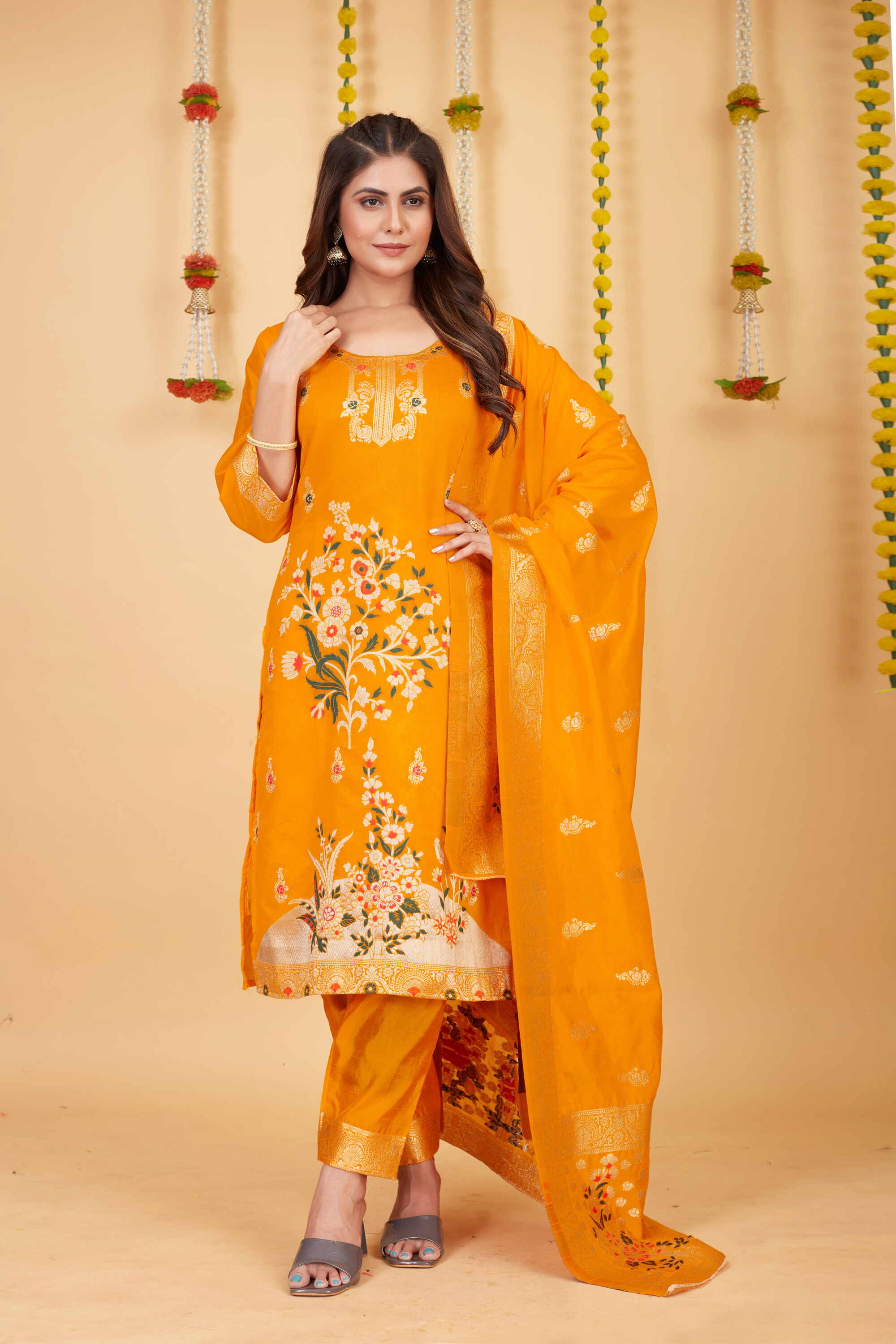 Yellow color paithani silk unstitched  Suit