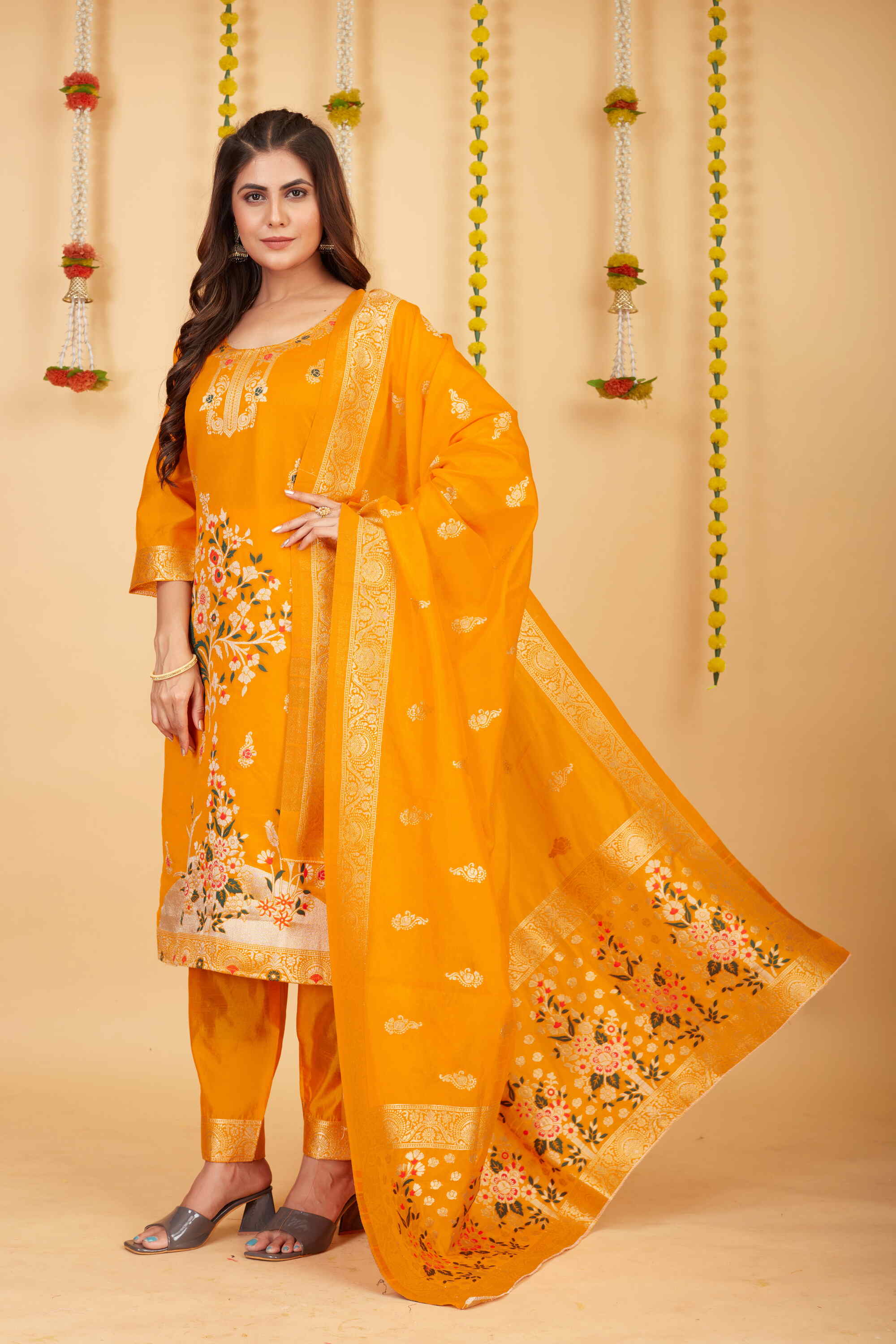 Yellow color paithani silk unstitched  Suit