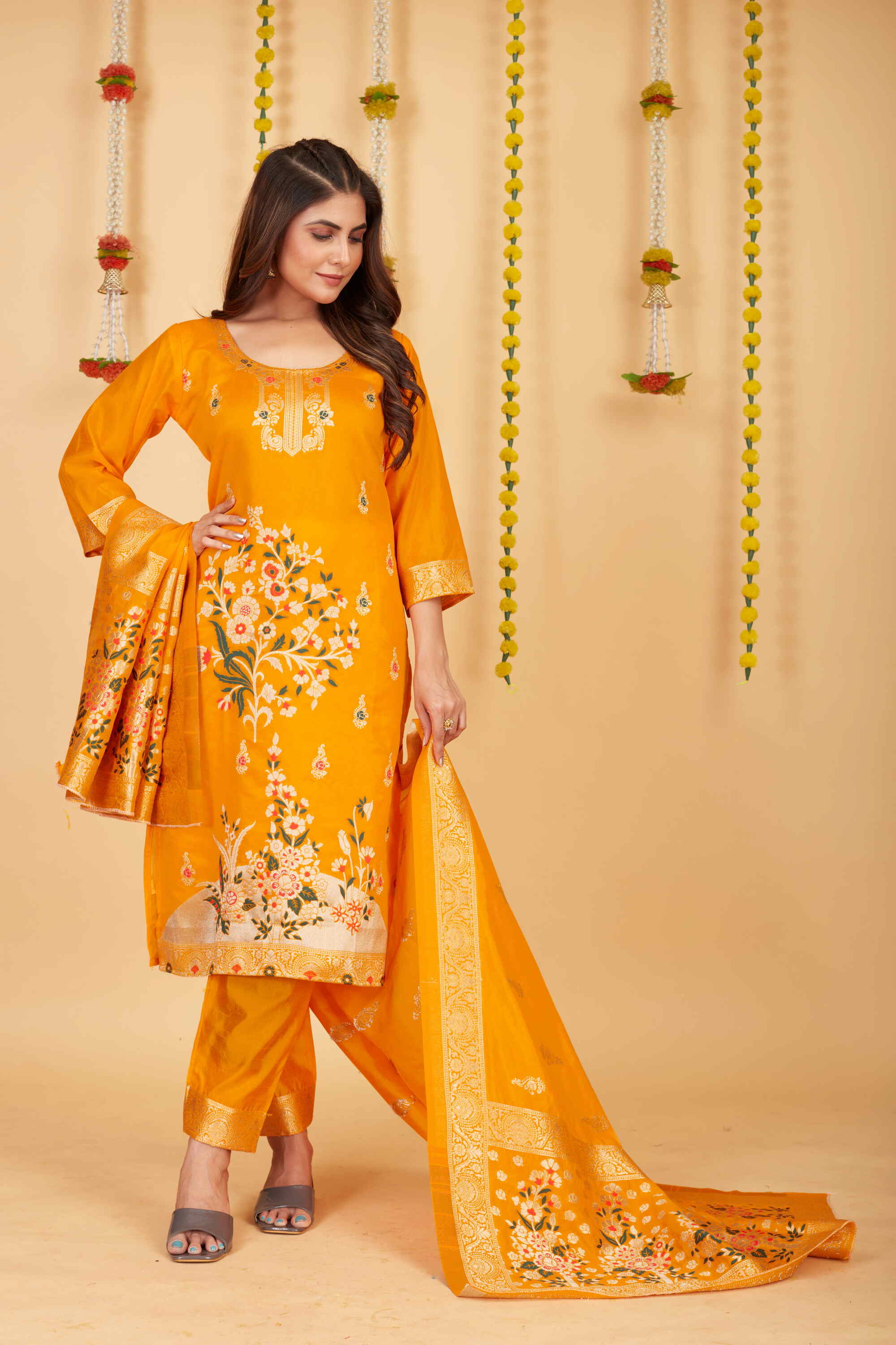 Yellow color paithani silk unstitched  Suit