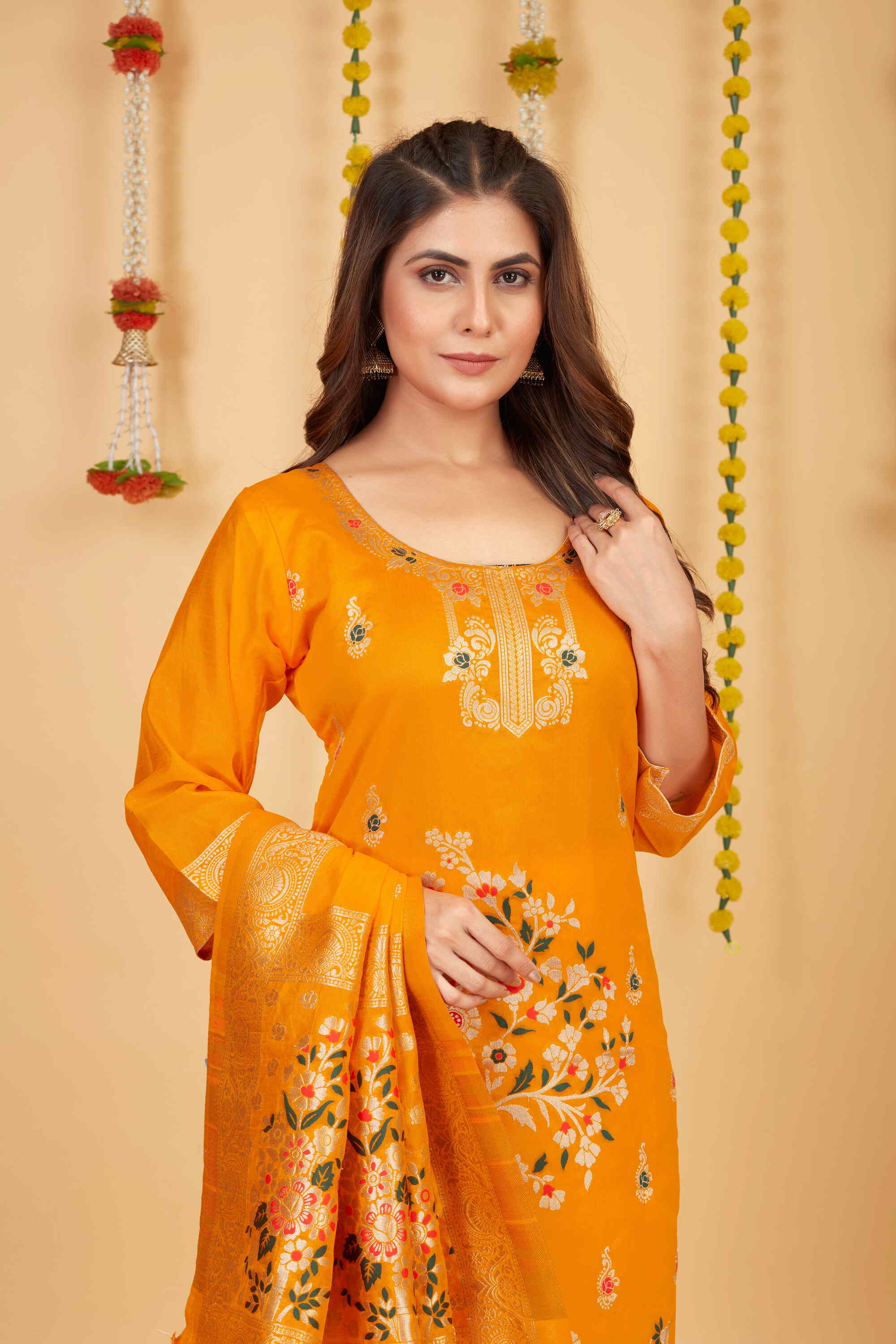 Yellow color paithani silk unstitched  Suit