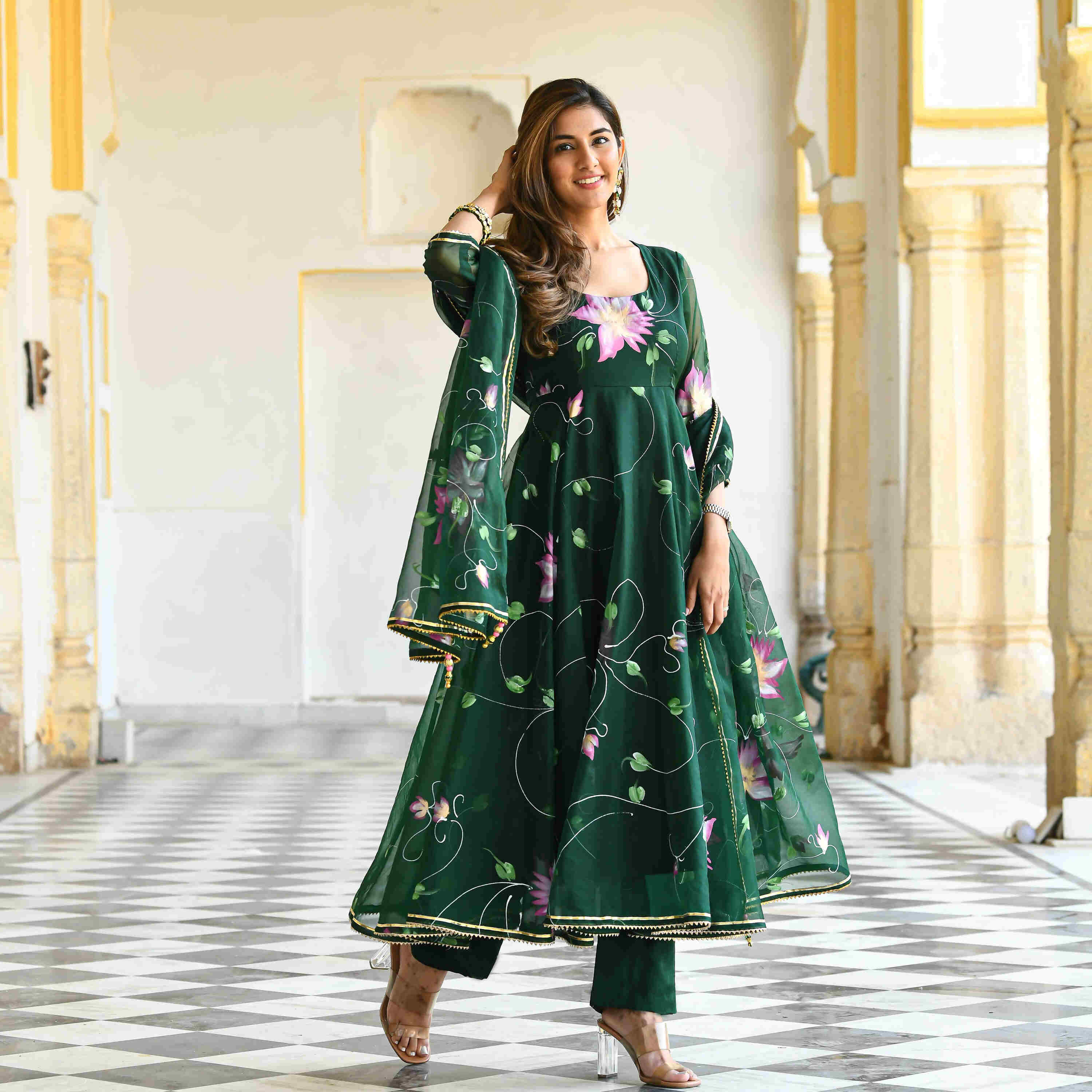 Dark Green Floral Handpainted Georgette Gown