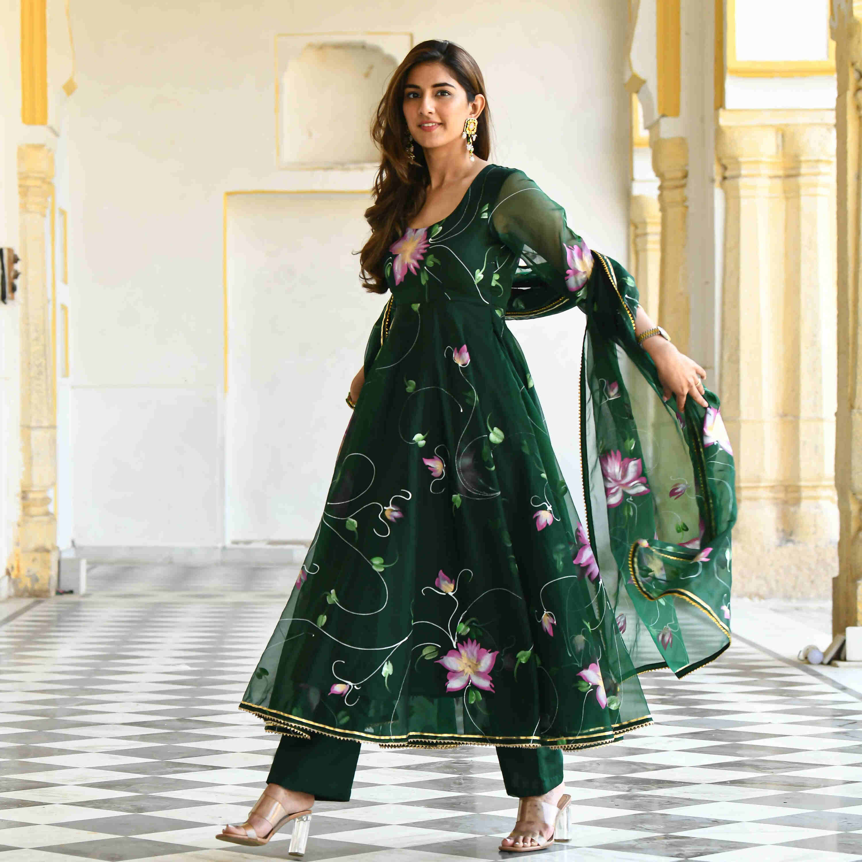 Dark Green Floral Handpainted Georgette Gown