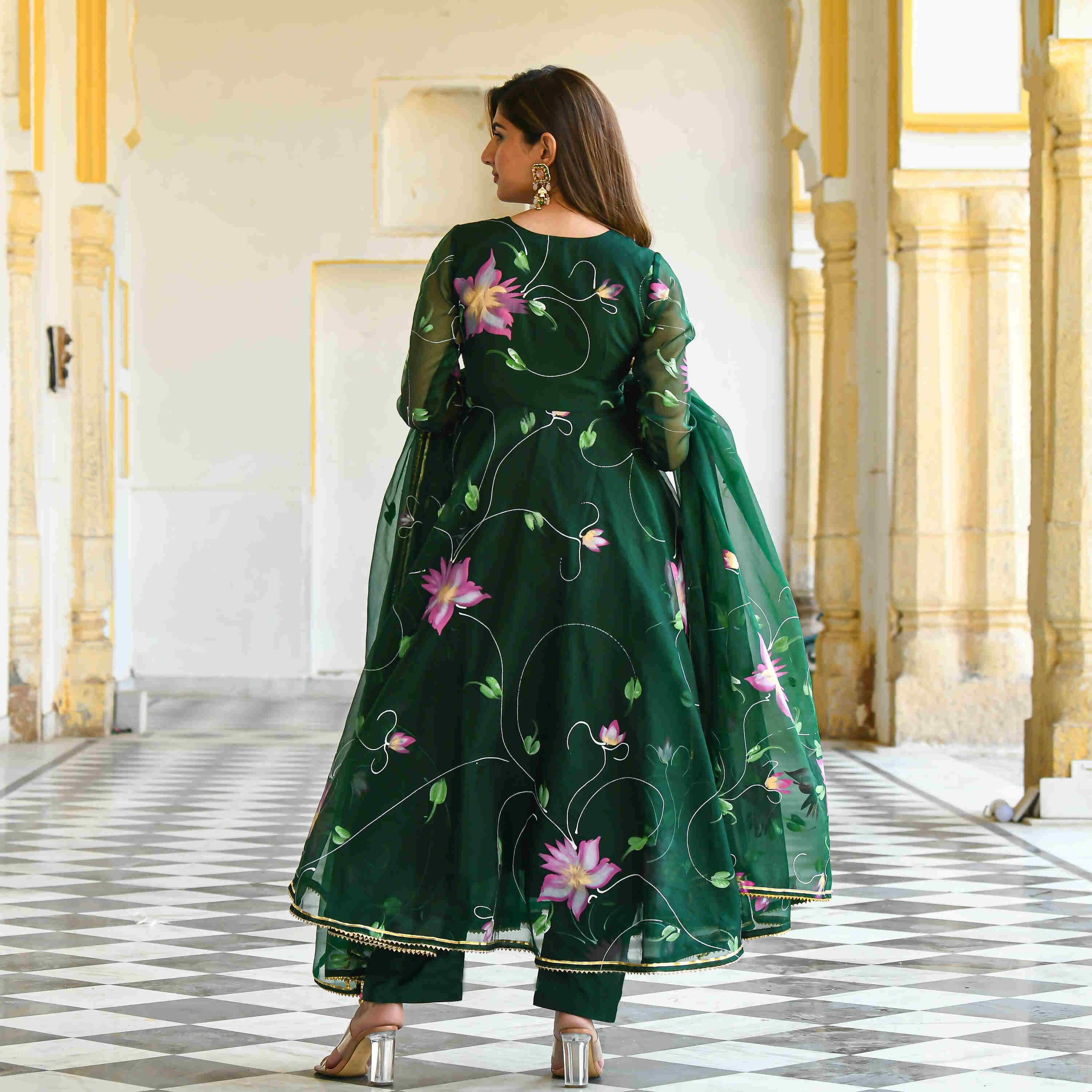 Dark Green Floral Handpainted Georgette Gown