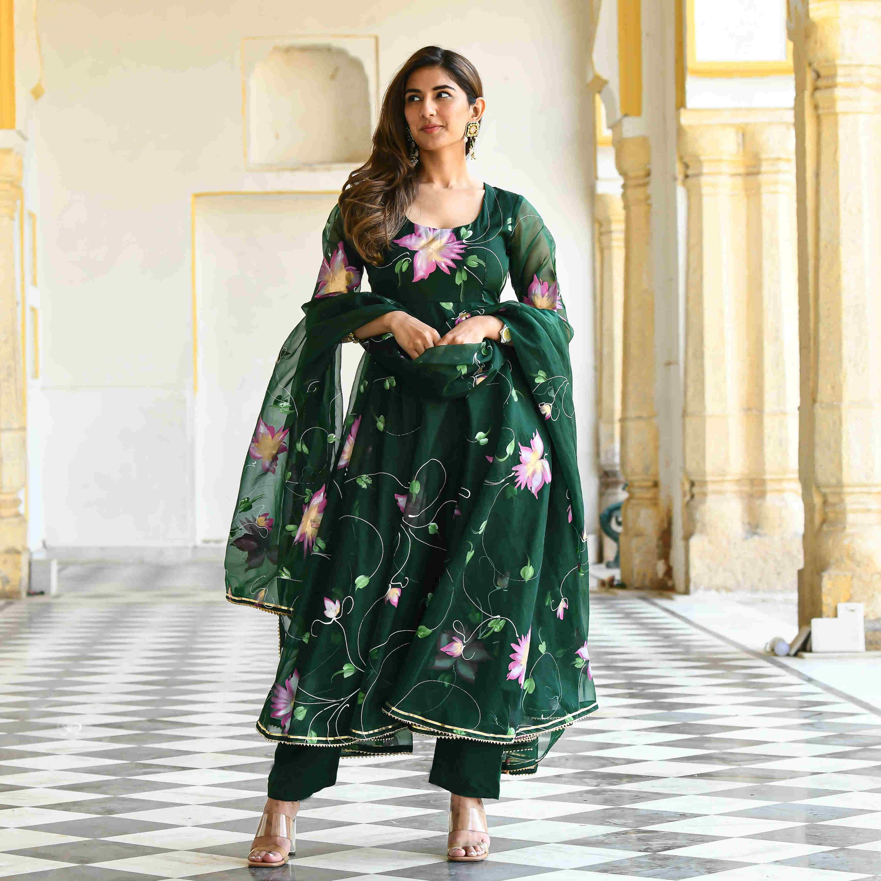 Dark Green Floral Handpainted Georgette Gown