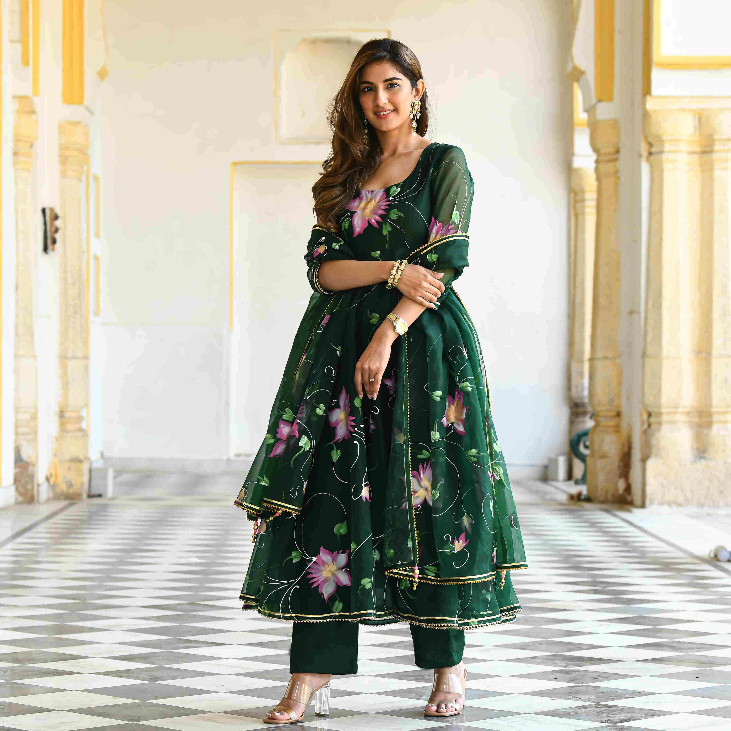 Dark Green Floral Handpainted Georgette Gown