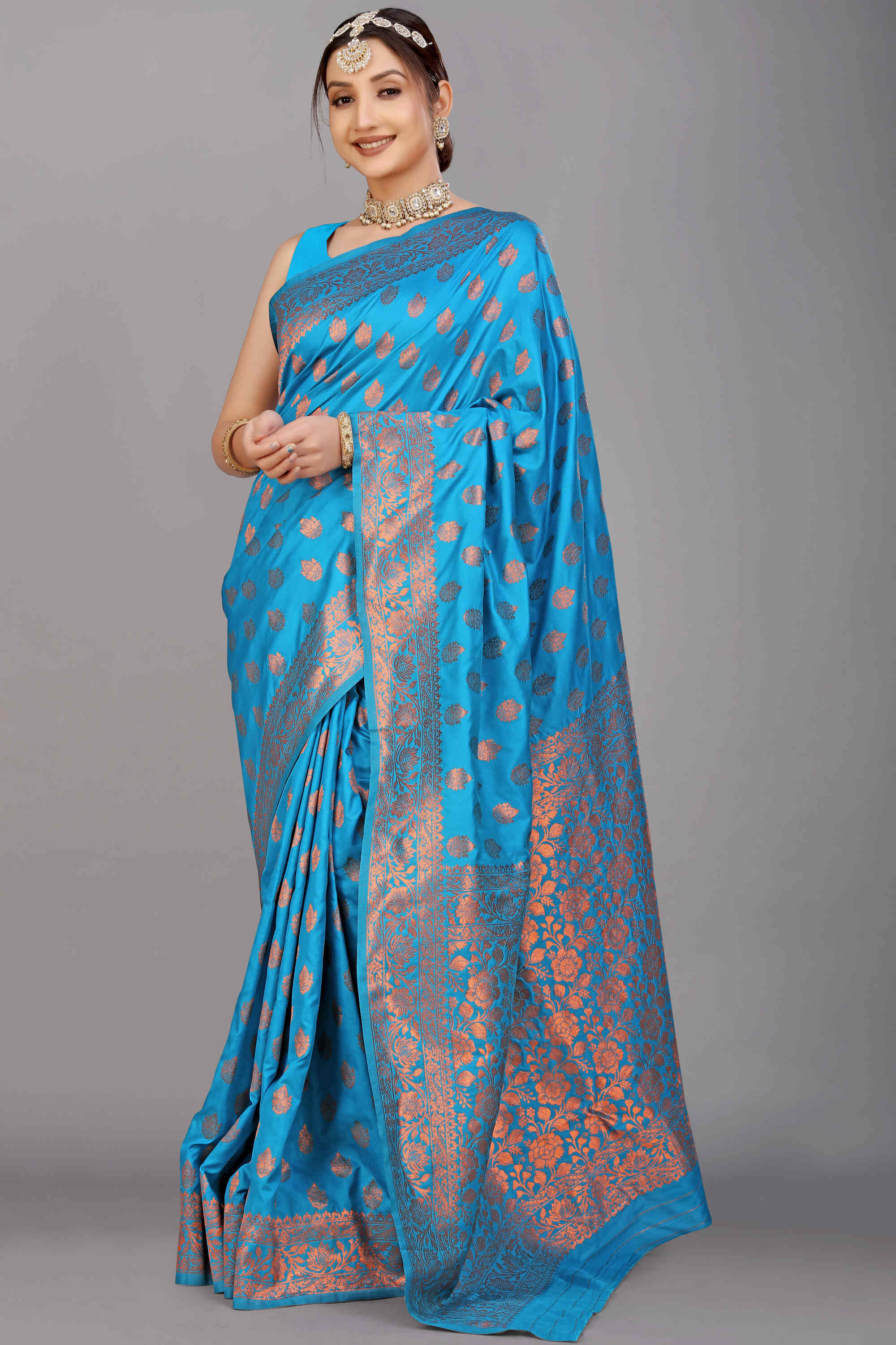 Firozi Soft Banarasi Silk Woven Zari Saree