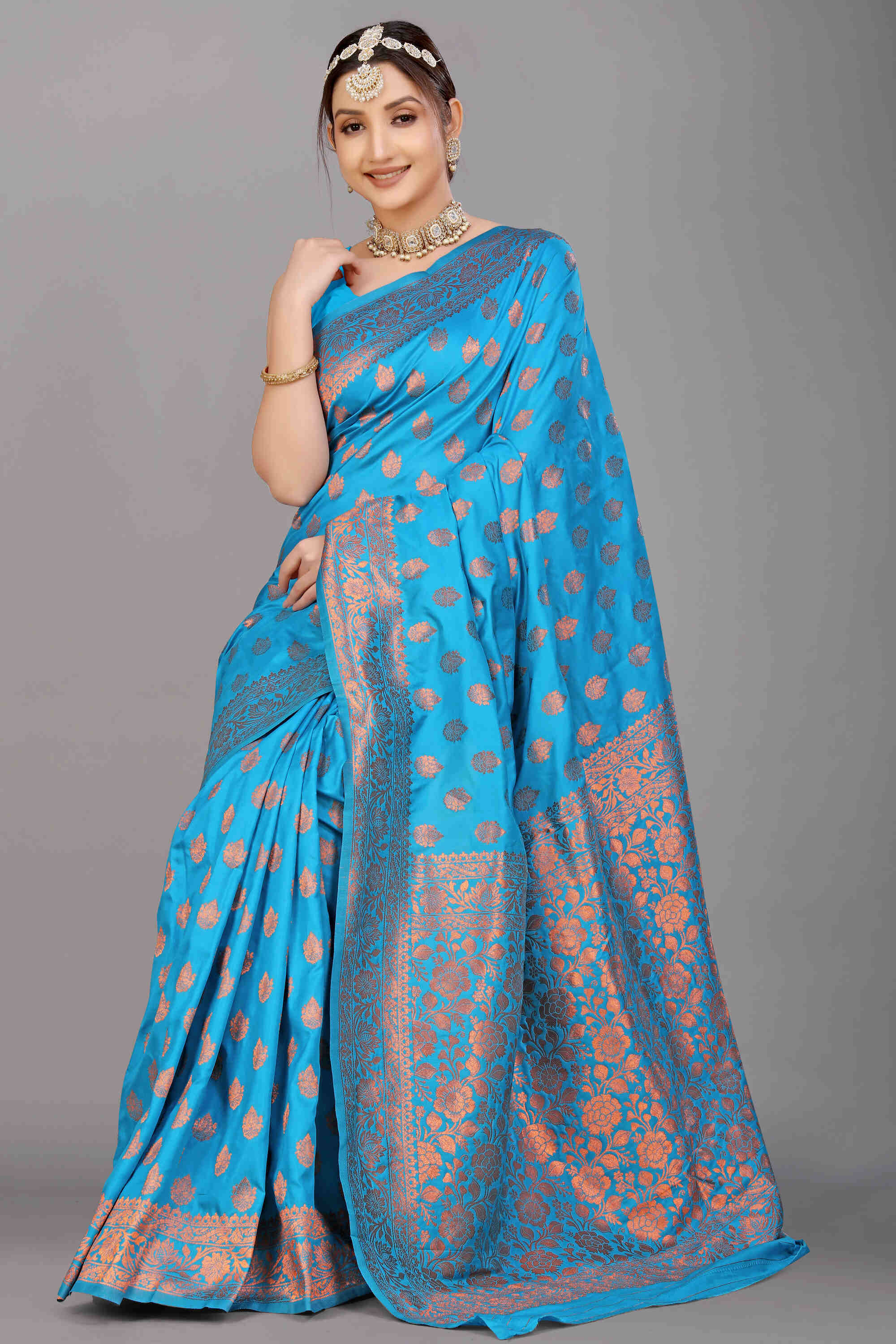 Firozi Soft Banarasi Silk Woven Zari Saree