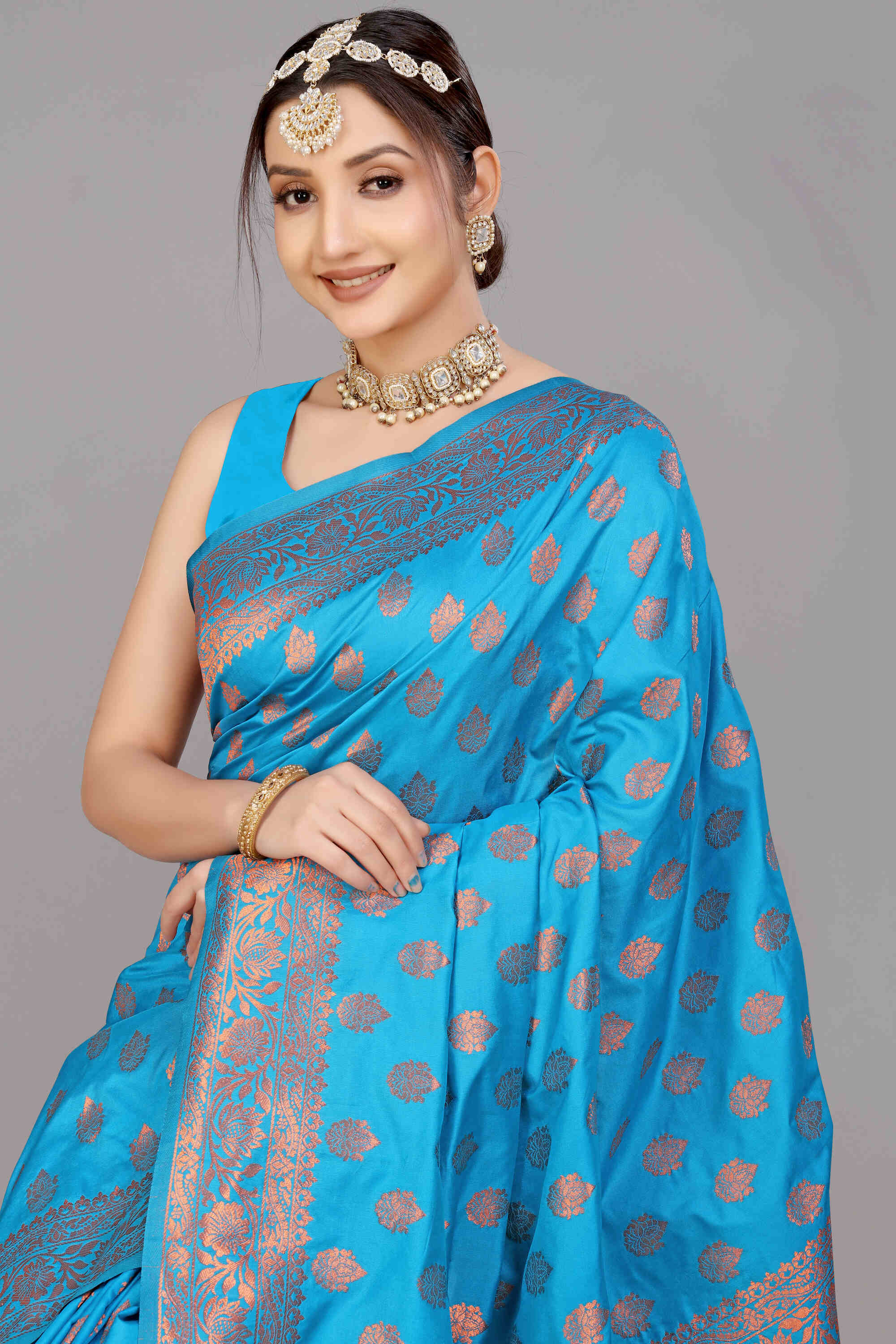 Firozi Soft Banarasi Silk Woven Zari Saree