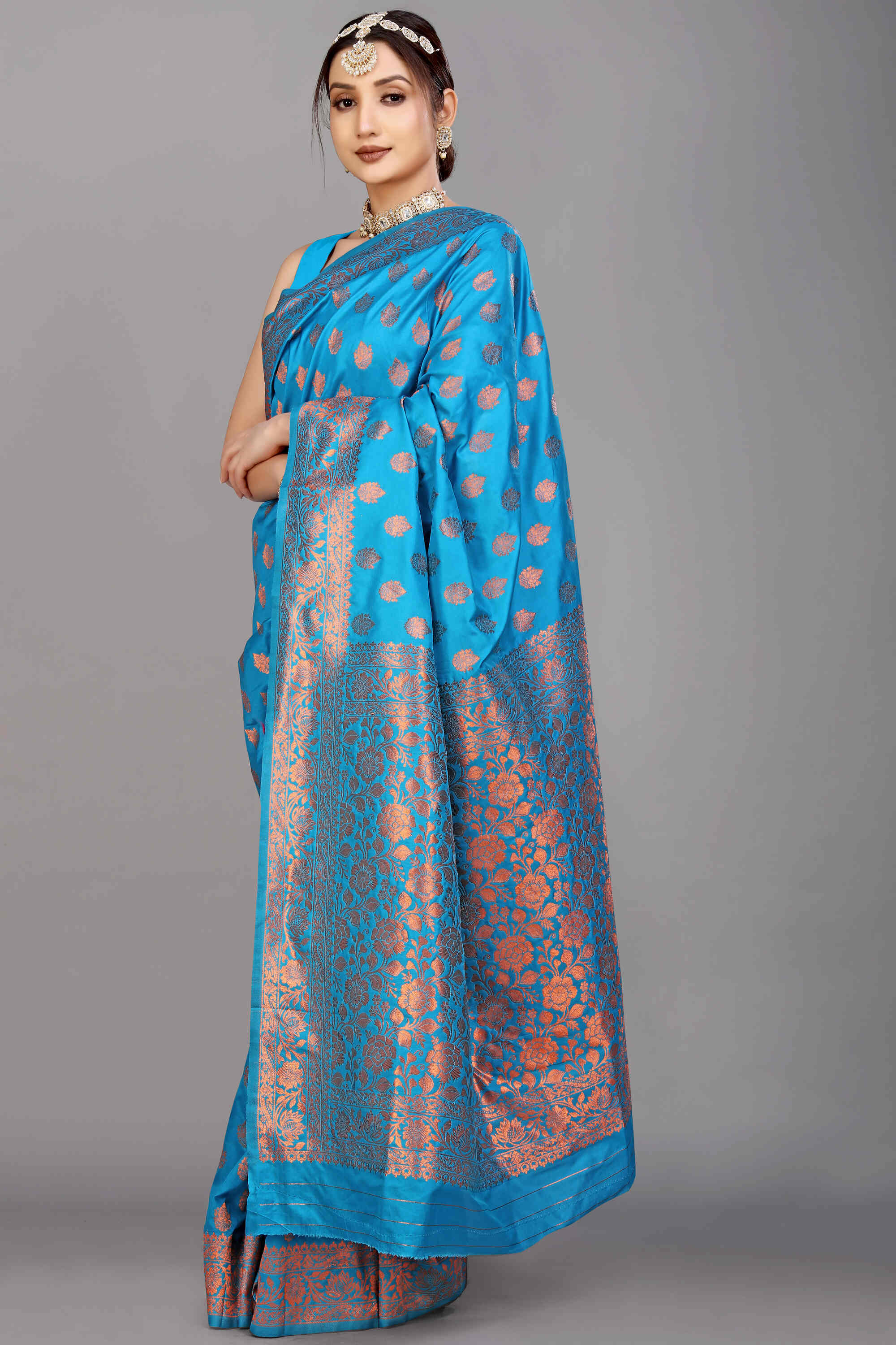 Firozi Soft Banarasi Silk Woven Zari Saree