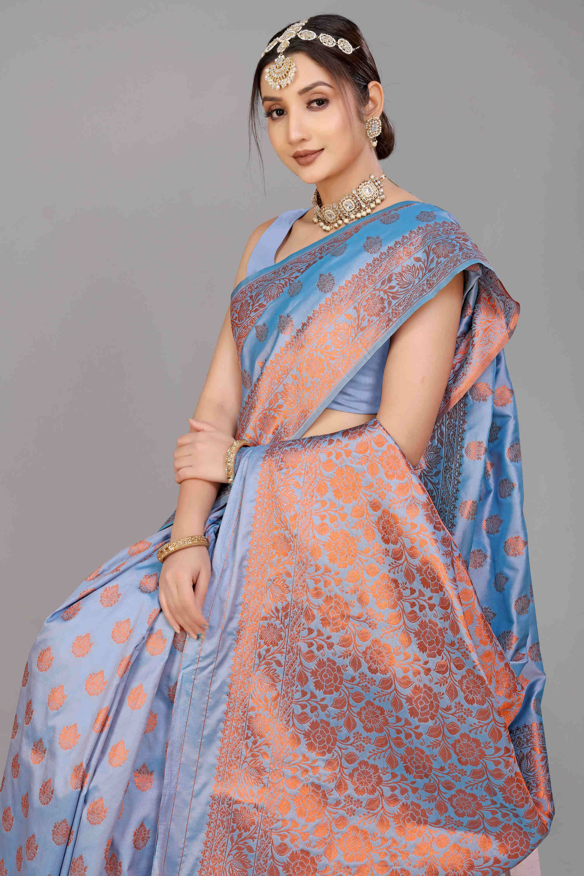 Grey Soft Banarasi Silk Woven Zari Saree