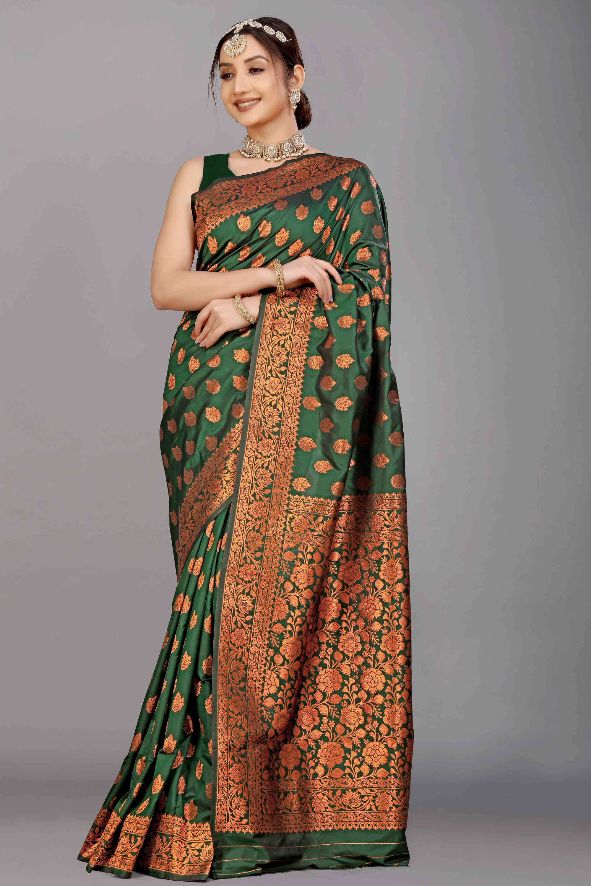 Dark Green Soft Banarasi Silk Woven Zari Saree