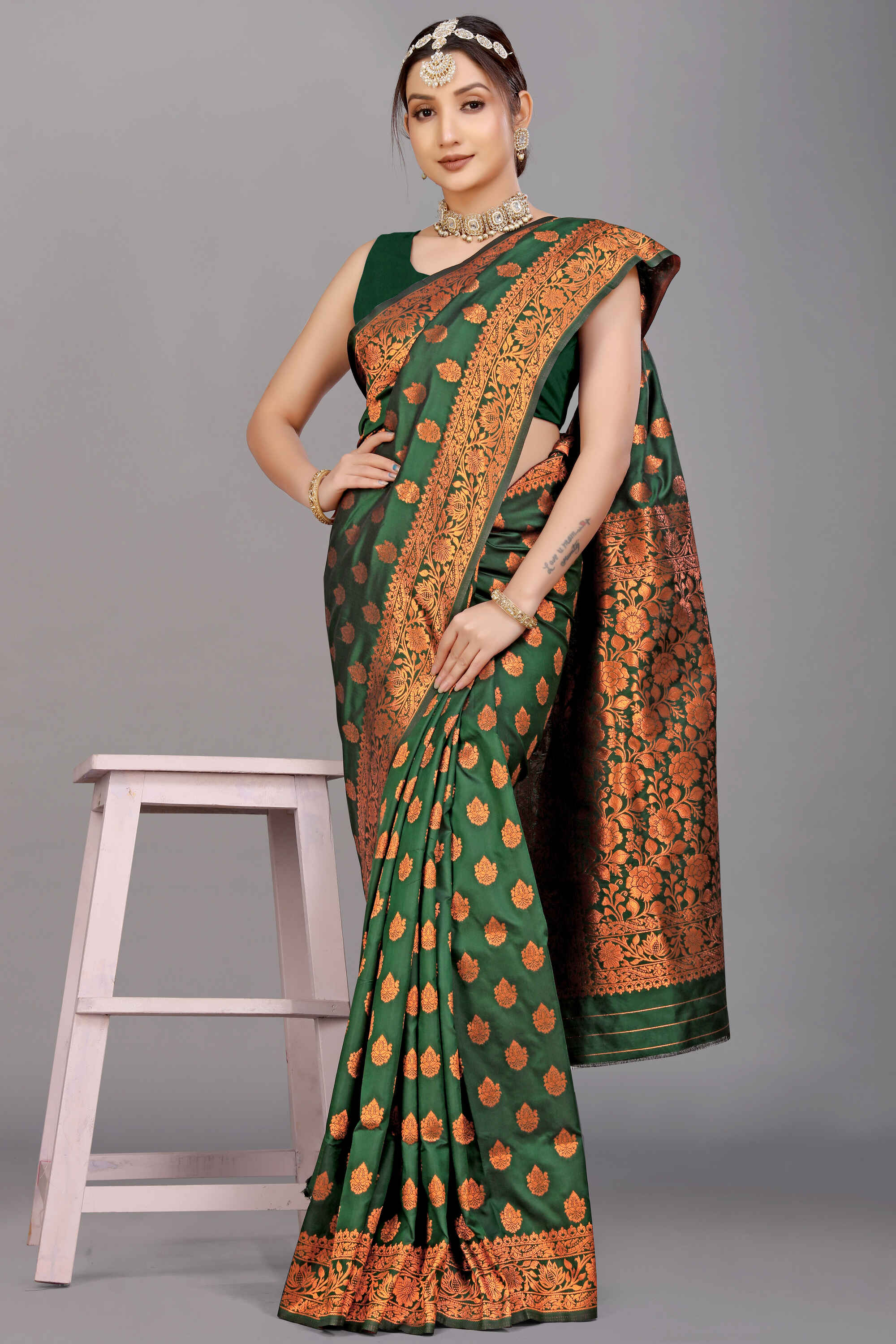 Dark Green Soft Banarasi Silk Woven Zari Saree