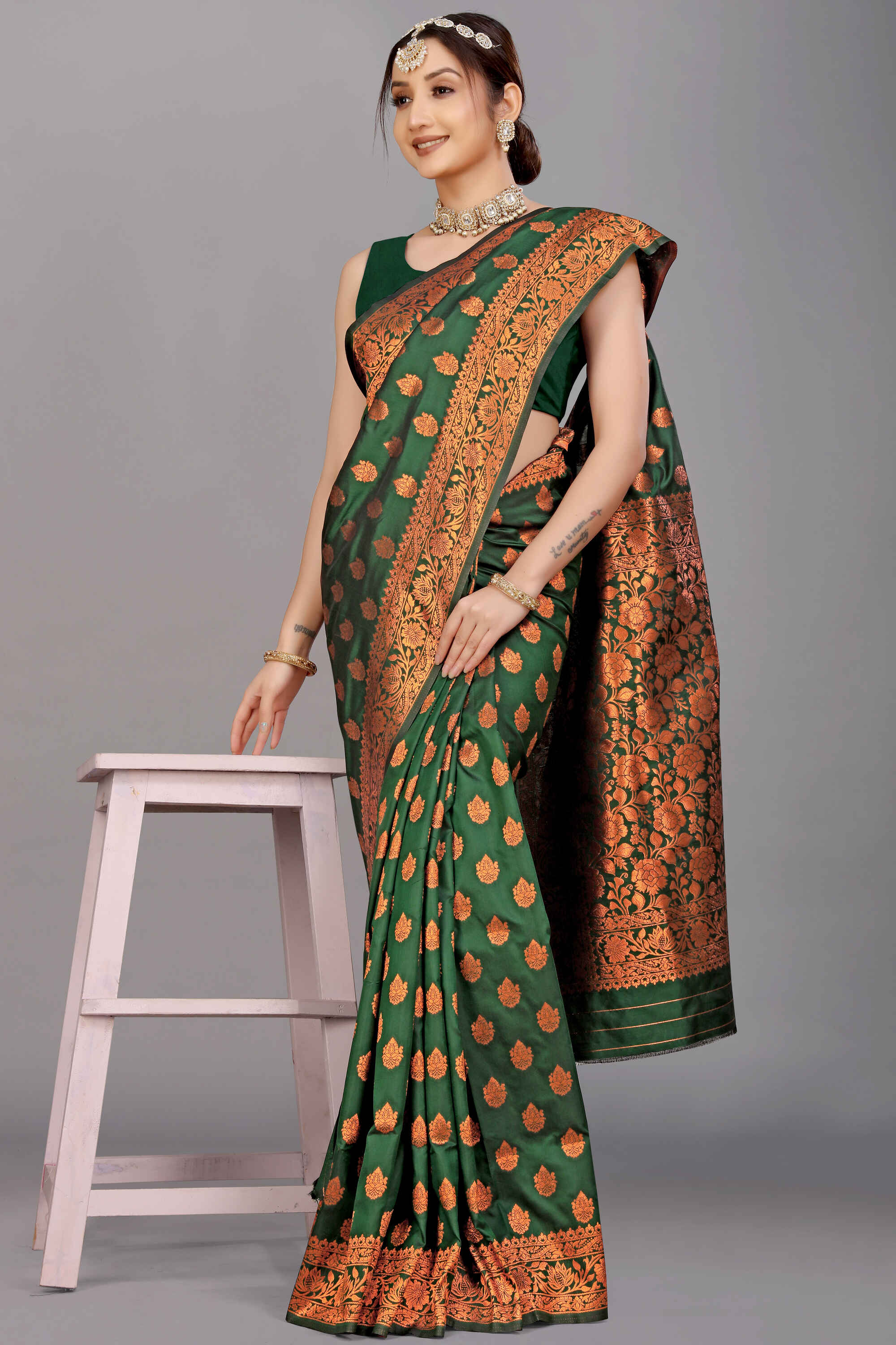 Dark Green Soft Banarasi Silk Woven Zari Saree