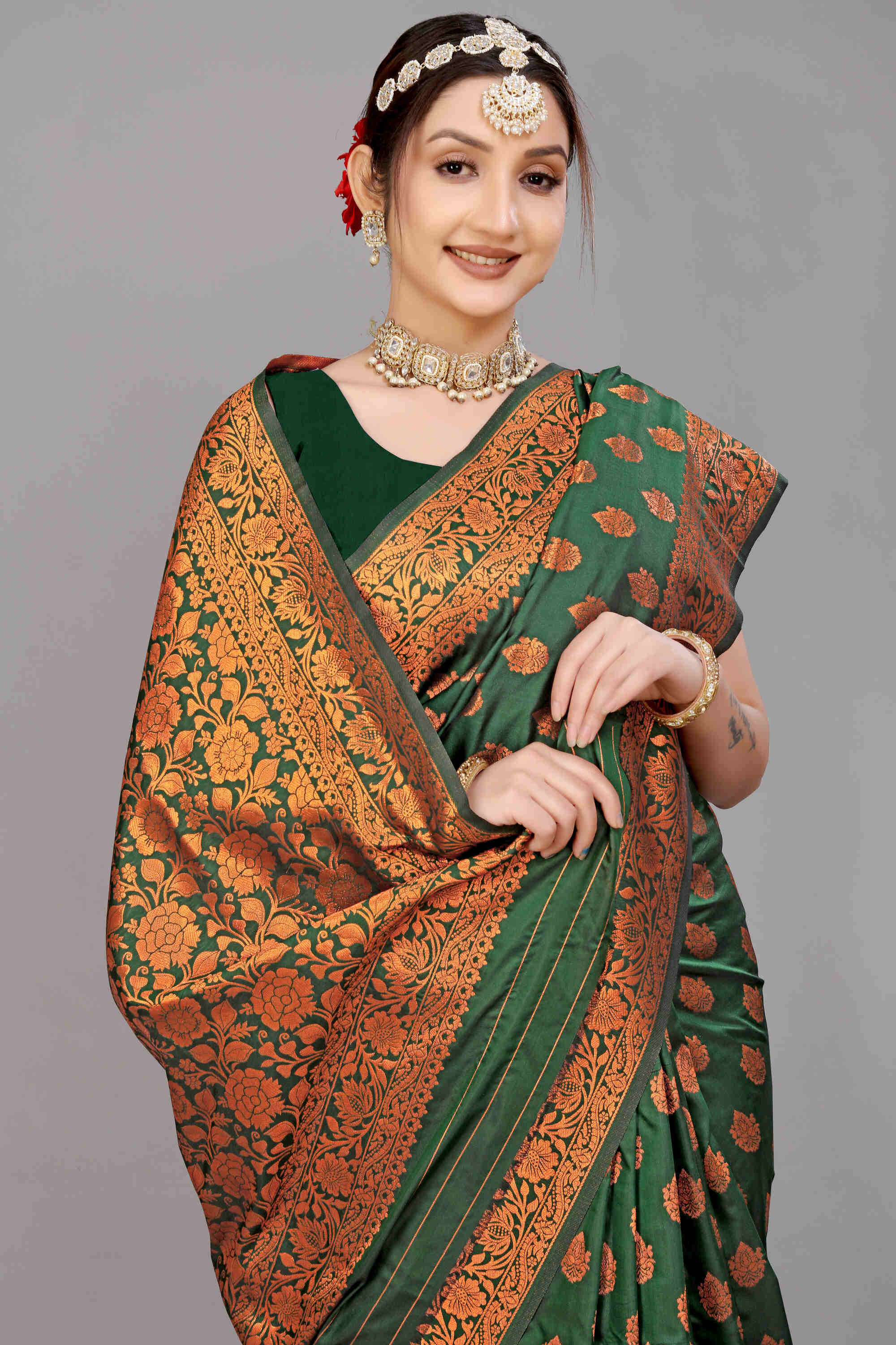 Dark Green Soft Banarasi Silk Woven Zari Saree