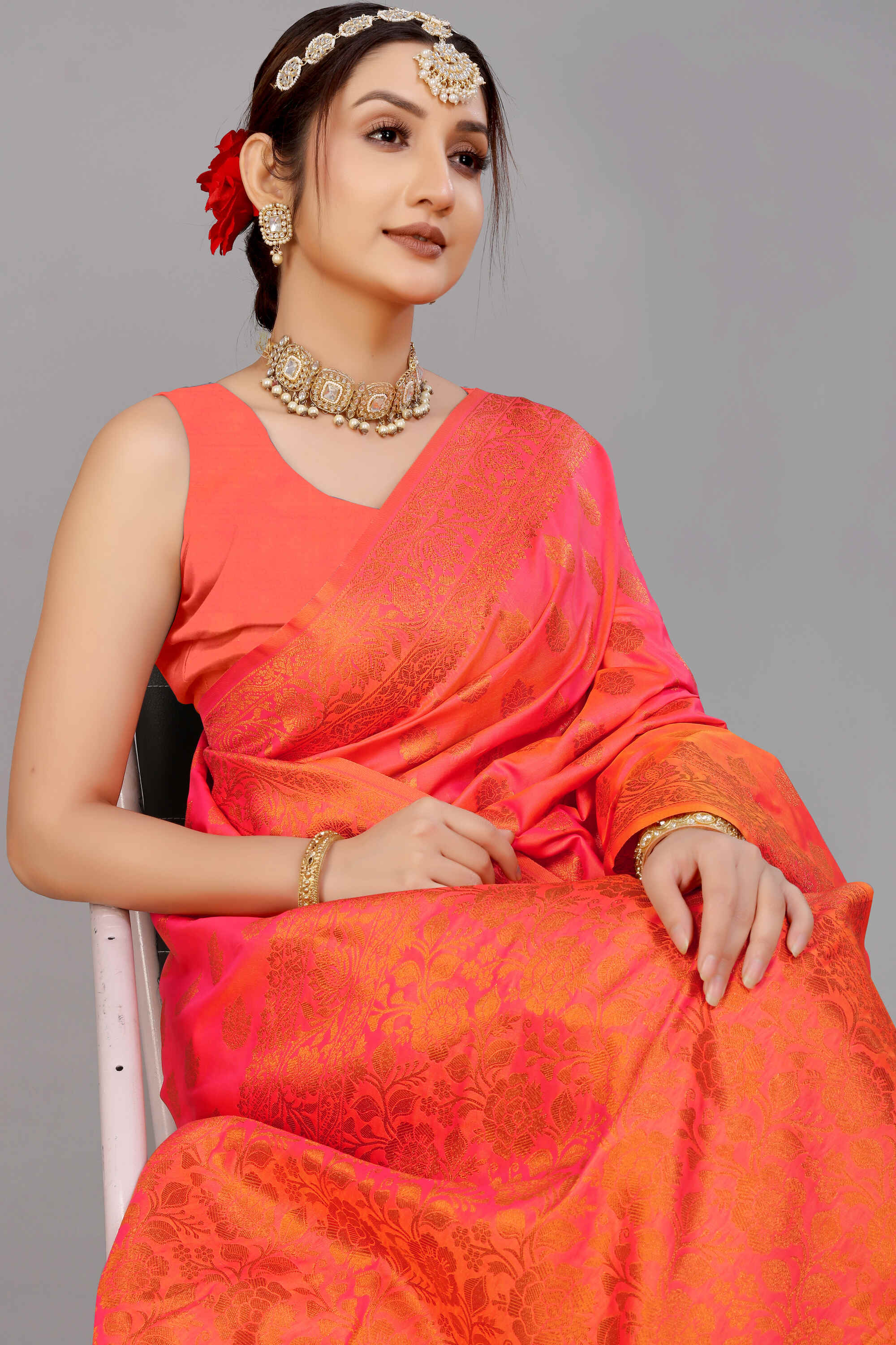 Orange Soft Banarasi Silk Woven Zari Saree