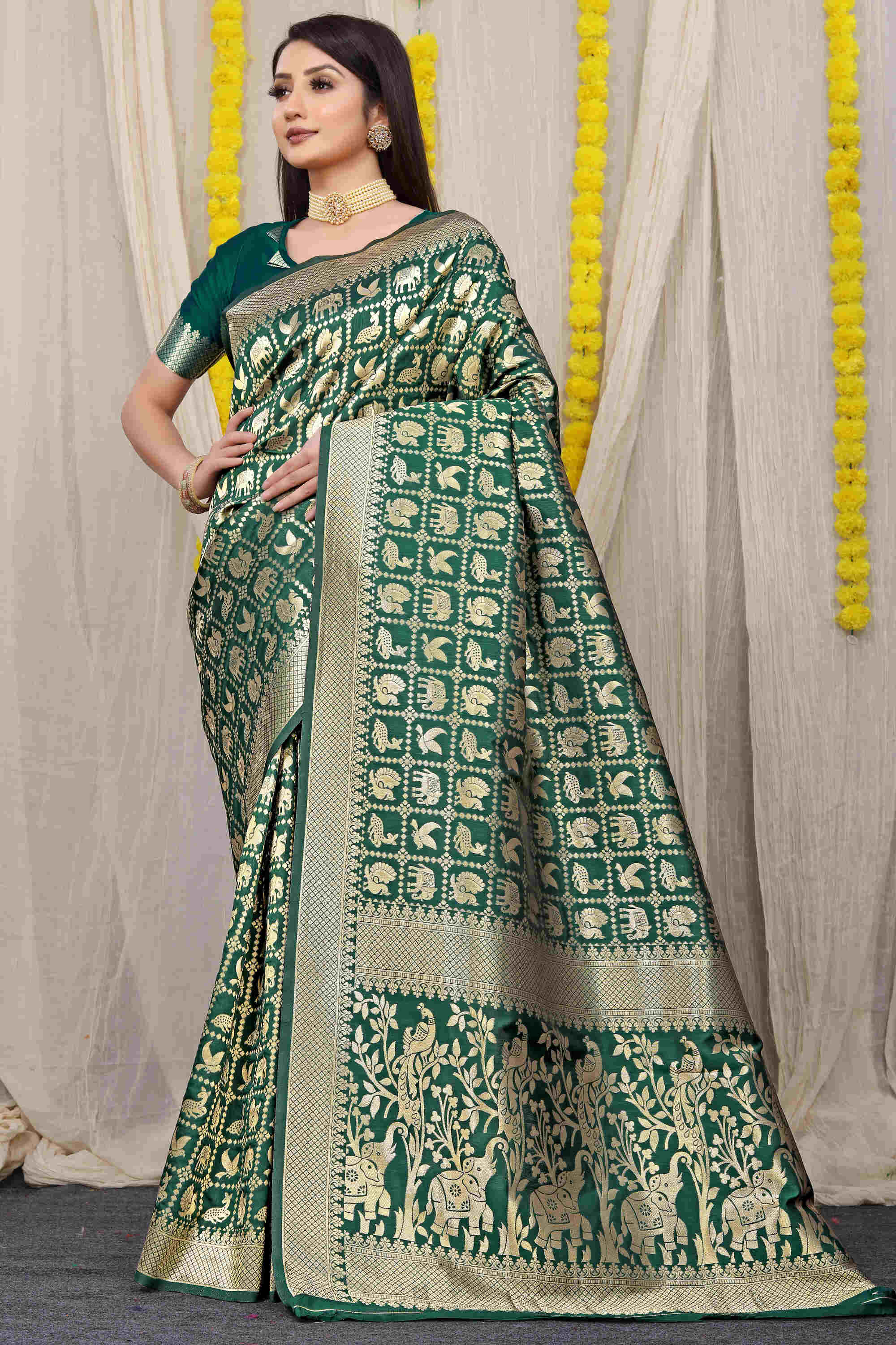 Dark Green Soft Banarasi Silk Woven Zari Saree