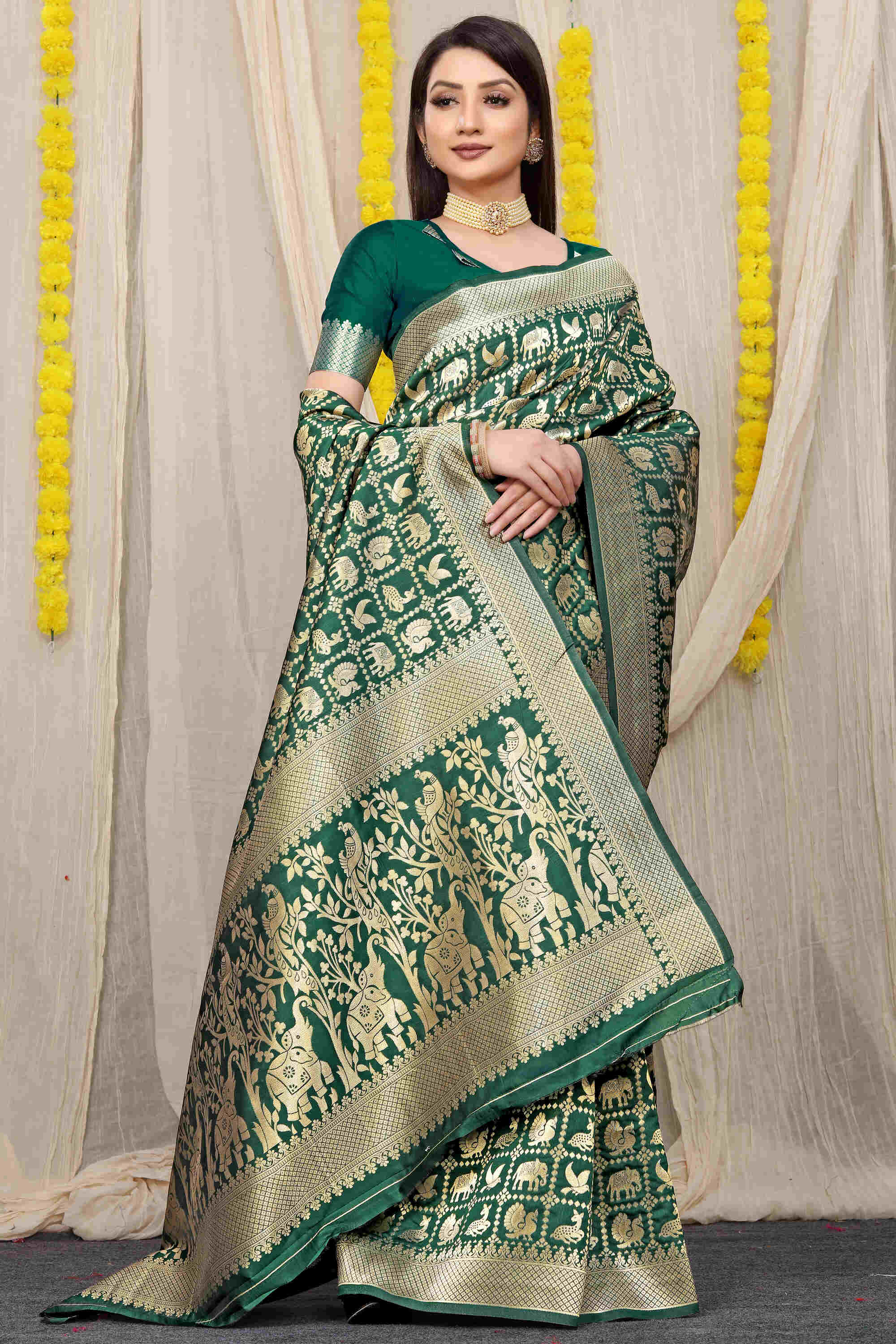 Dark Green Soft Banarasi Silk Woven Zari Saree