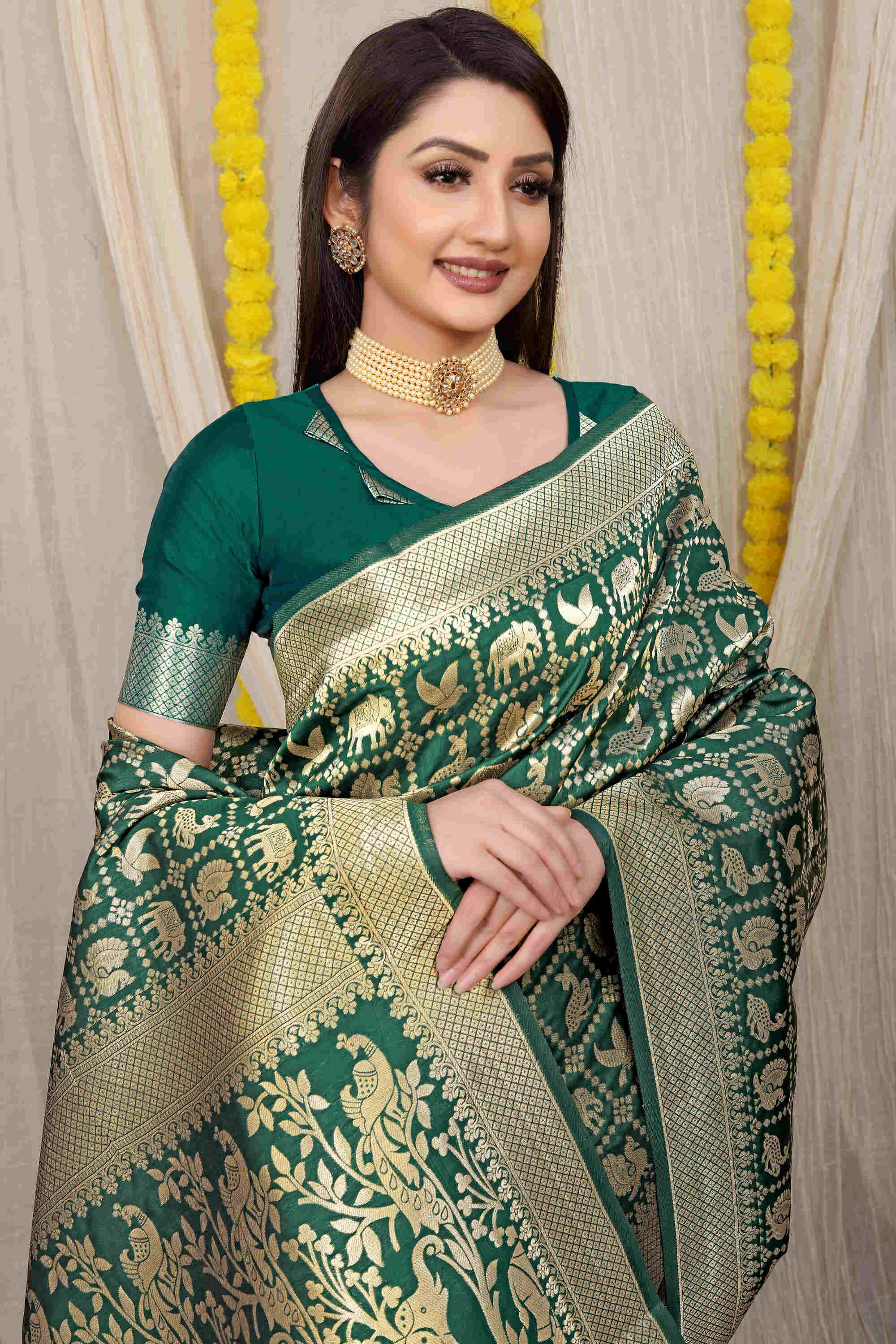 Dark Green Soft Banarasi Silk Woven Zari Saree