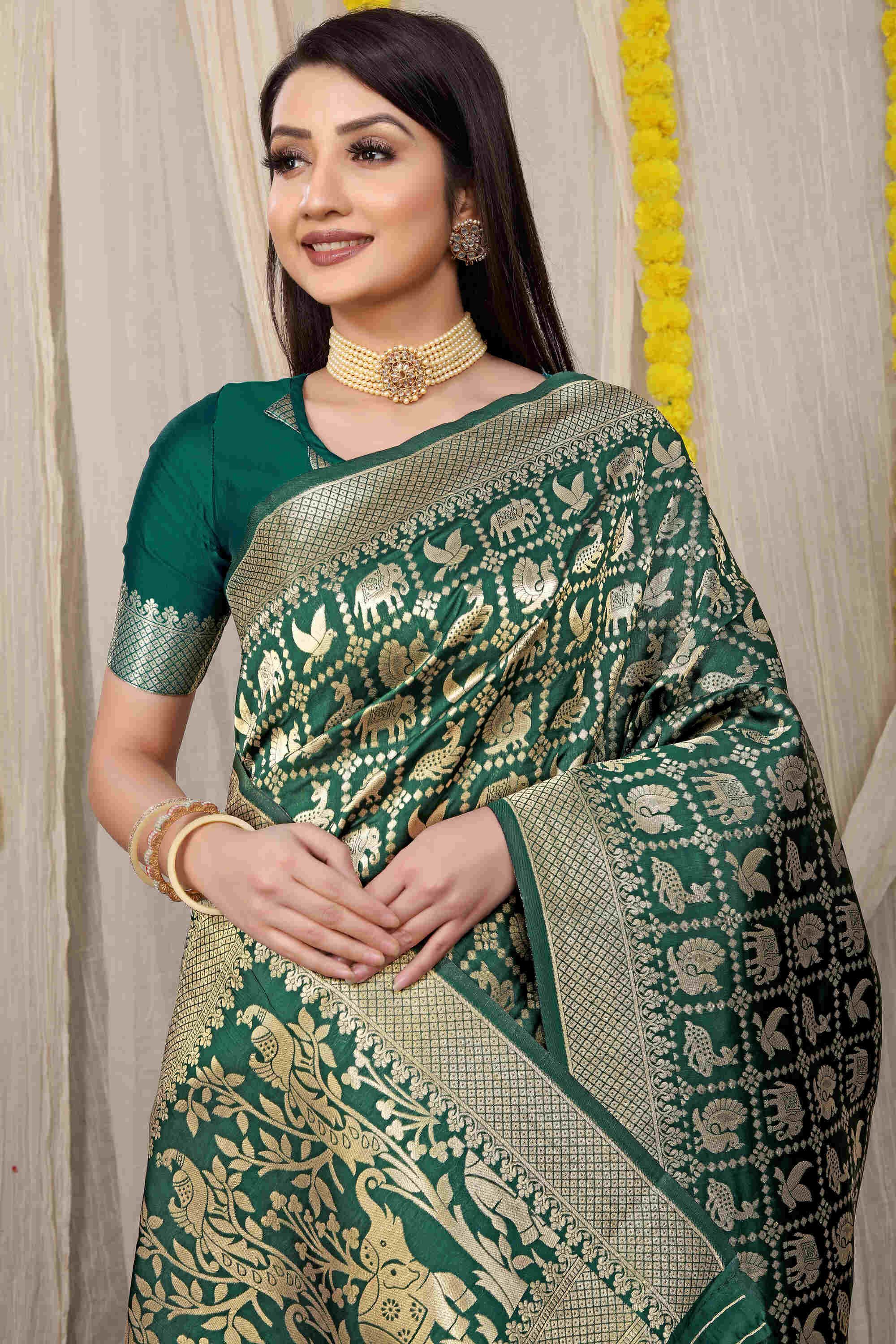 Dark Green Soft Banarasi Silk Woven Zari Saree