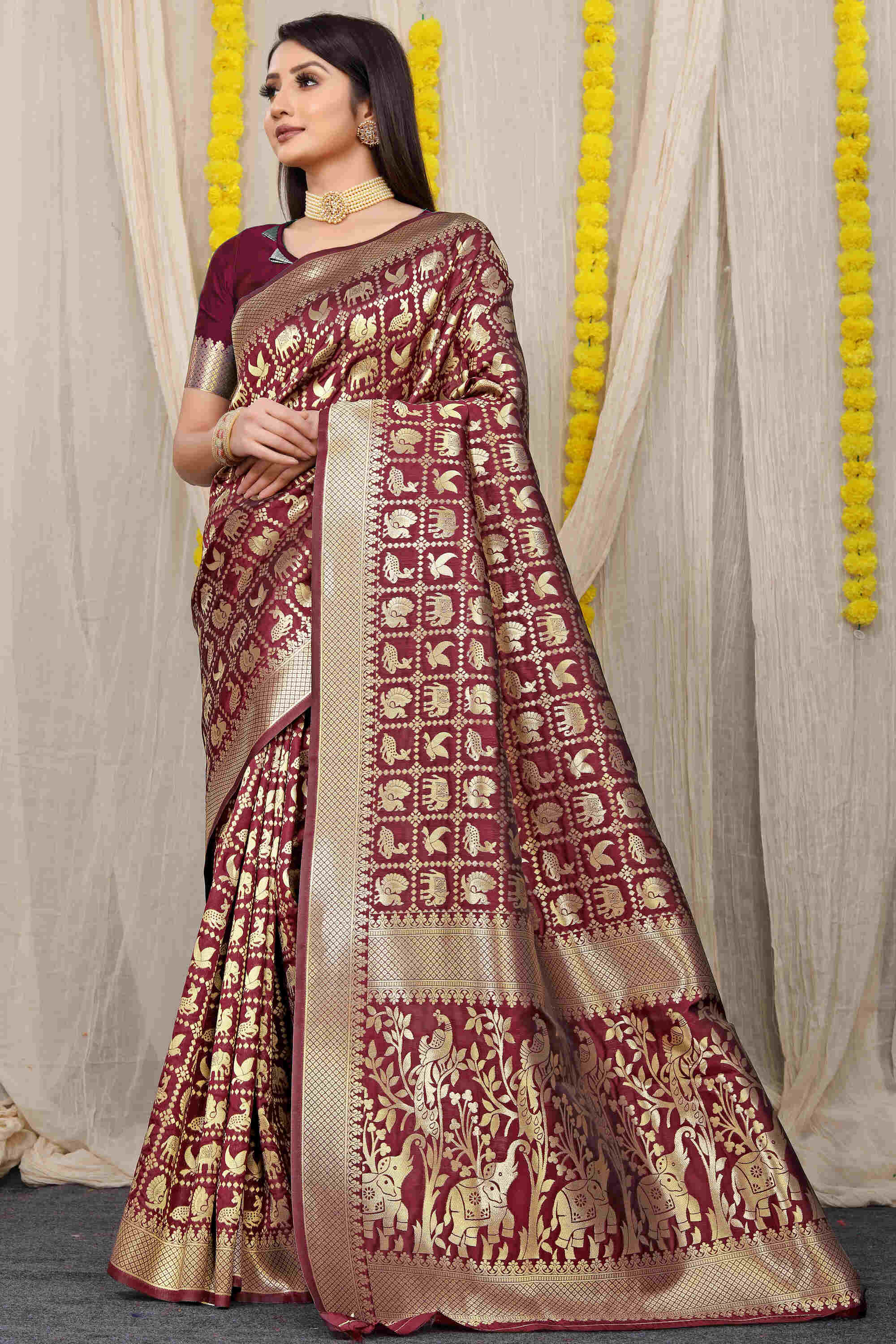 Wine Soft Banarasi Silk Woven Zari Saree