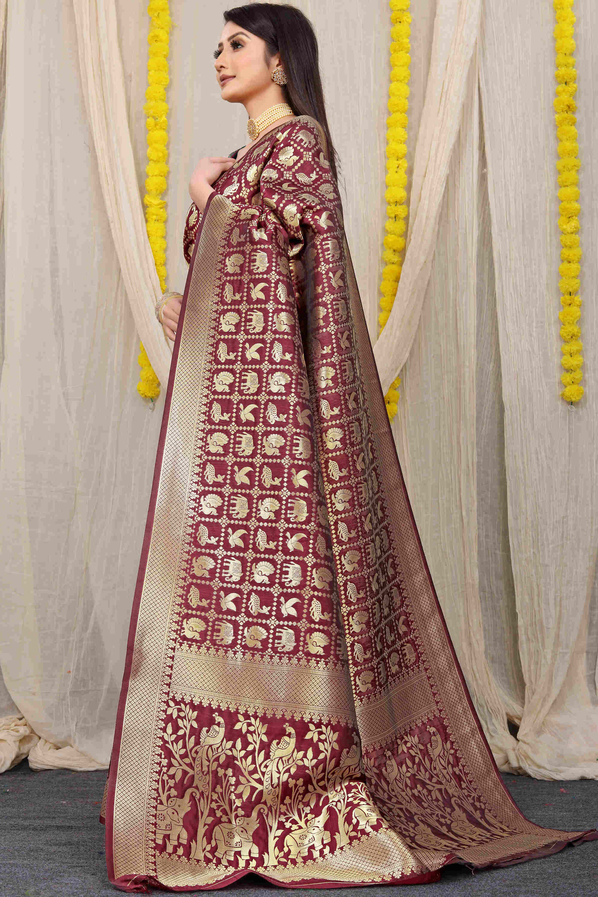 Wine Soft Banarasi Silk Woven Zari Saree