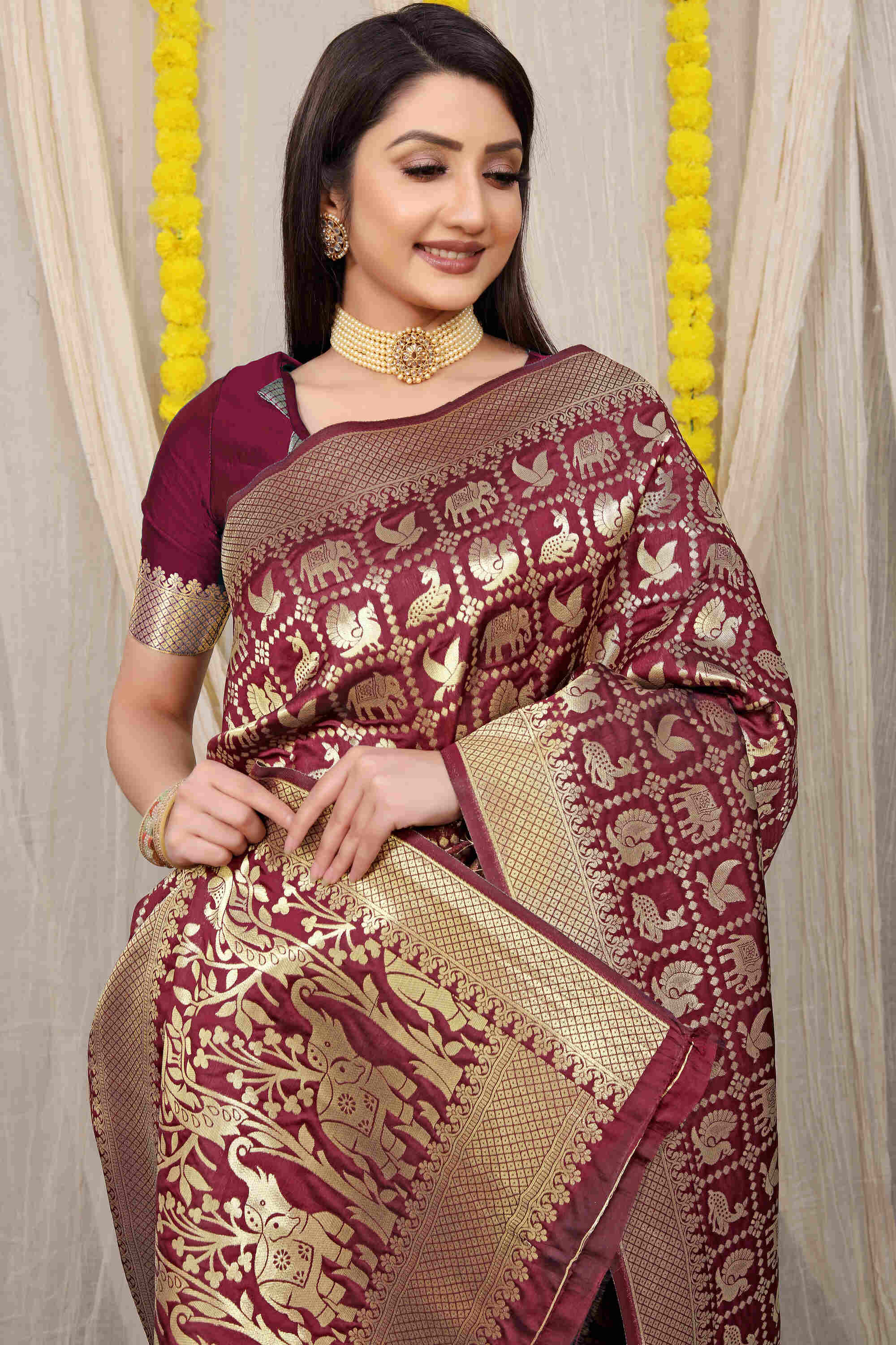 Wine Soft Banarasi Silk Woven Zari Saree