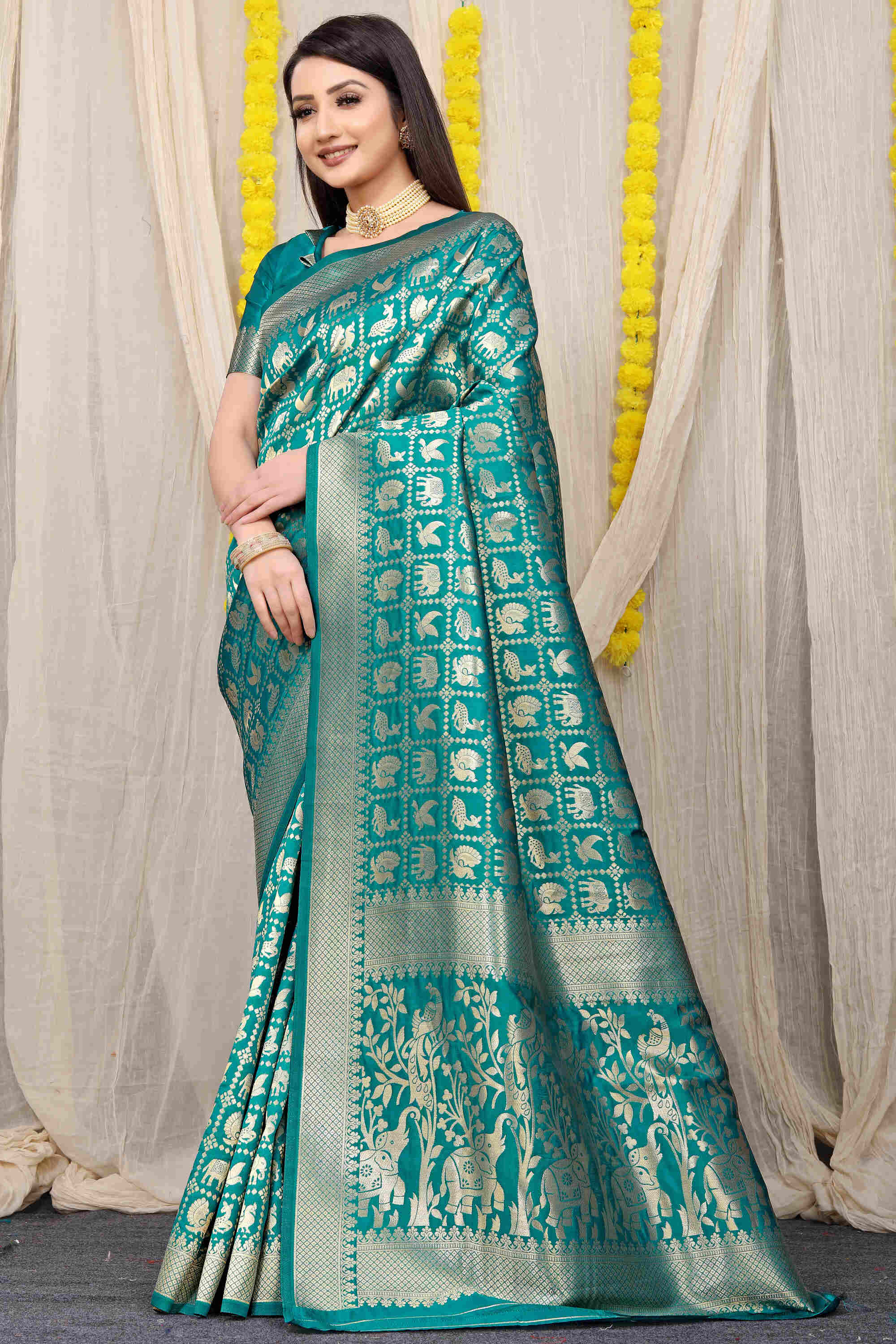 Teal Green Soft Banarasi Silk Woven Zari Saree