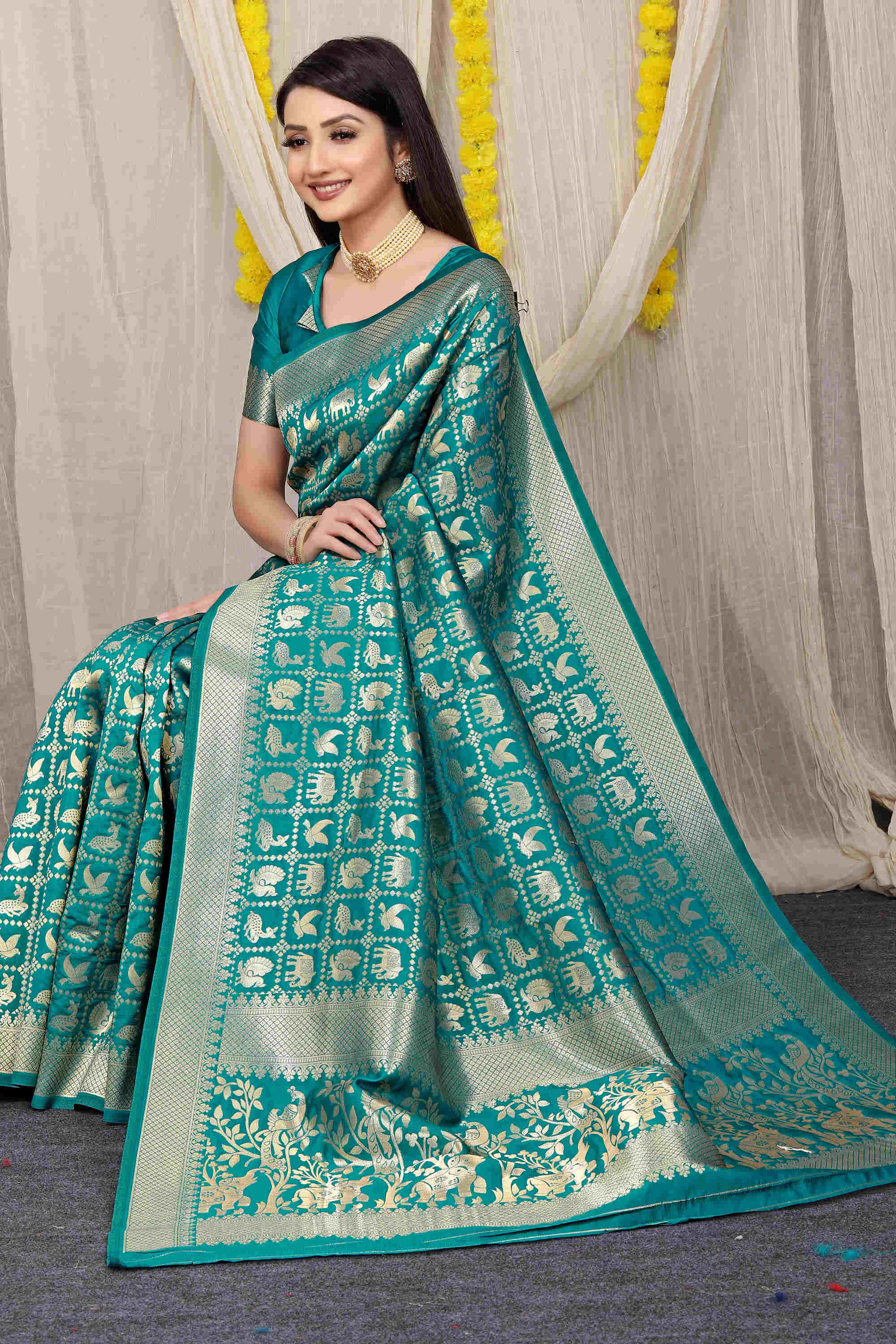 Teal Green Soft Banarasi Silk Woven Zari Saree