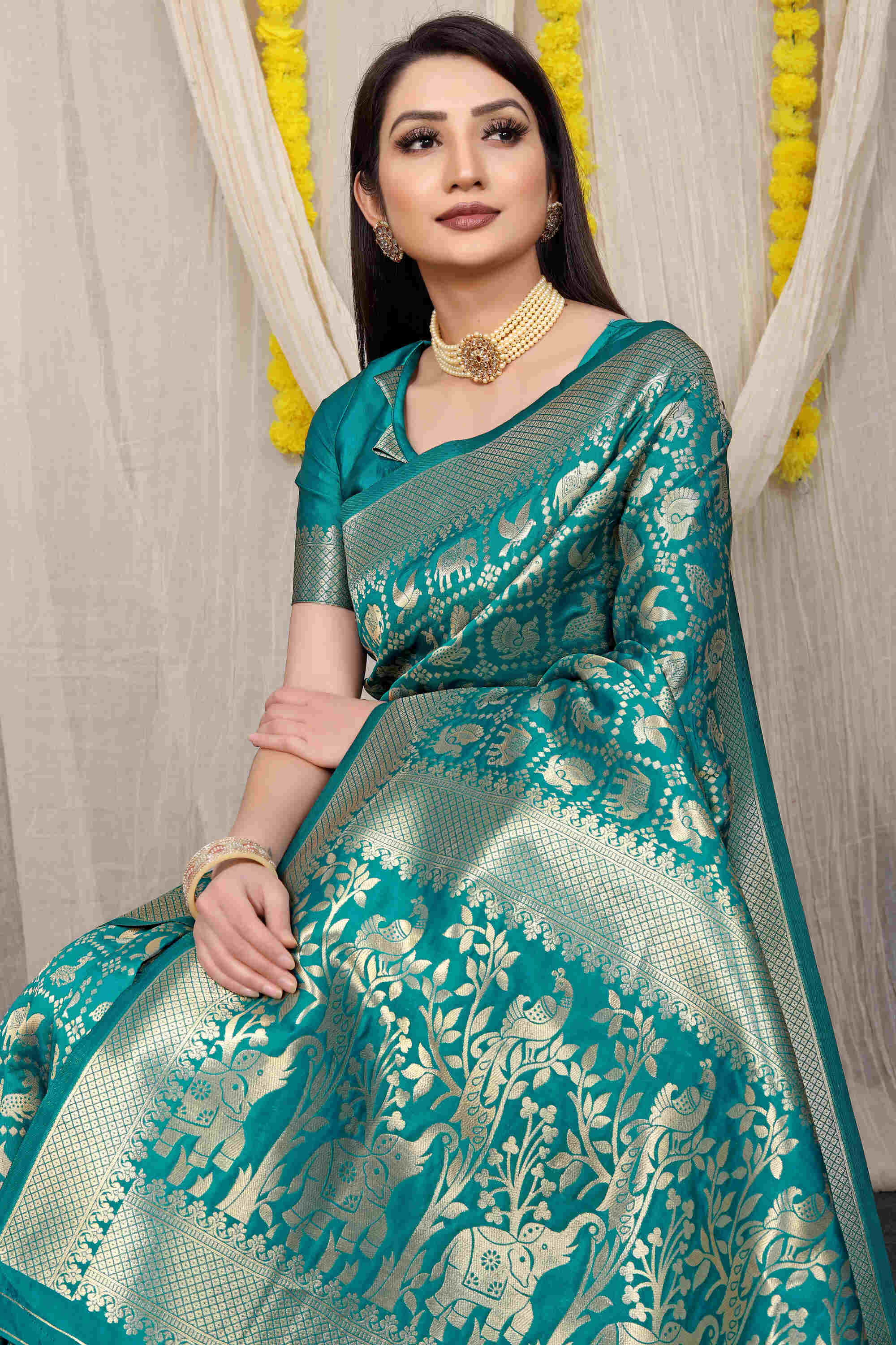 Teal Green Soft Banarasi Silk Woven Zari Saree