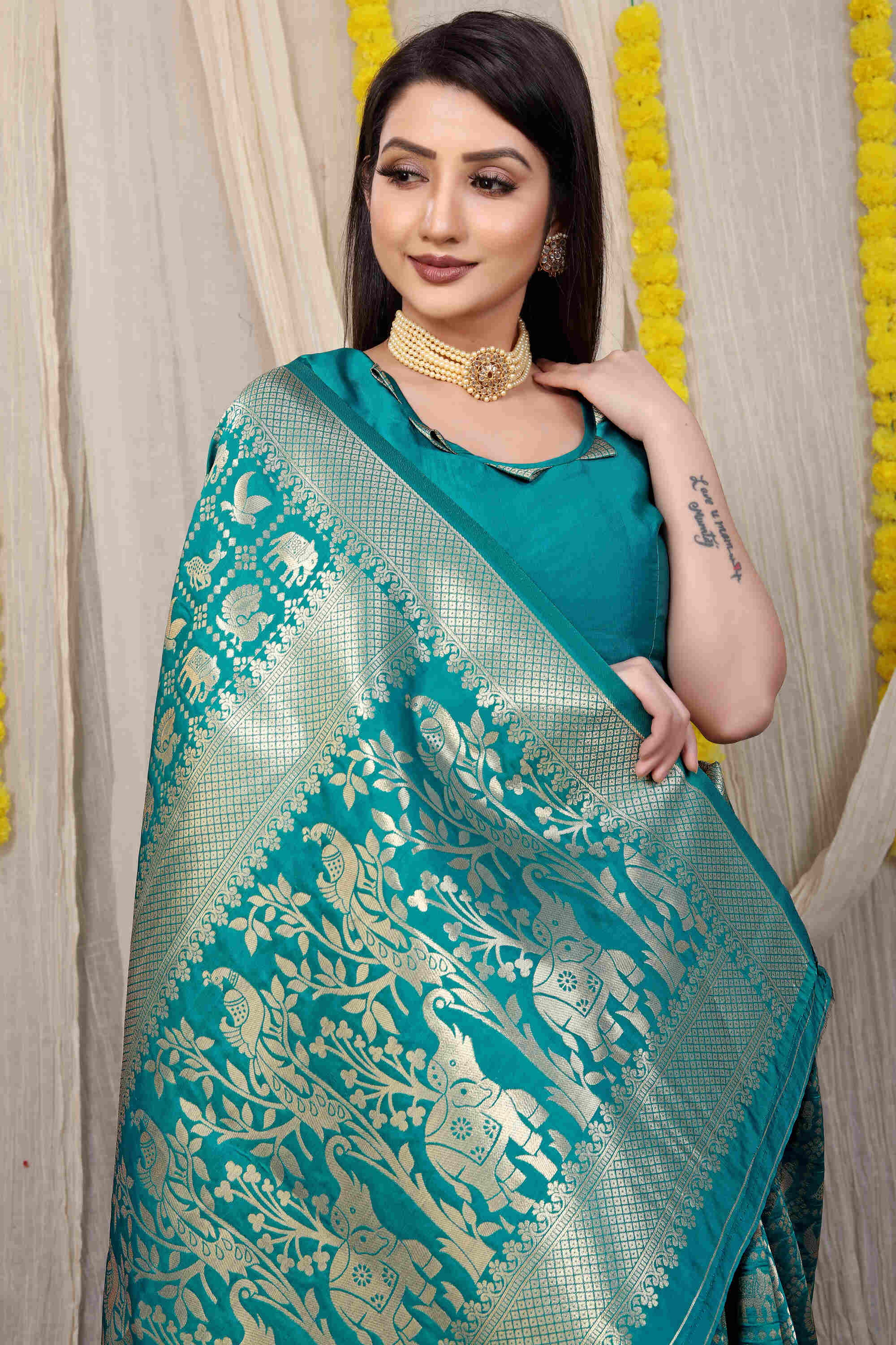 Teal Green Soft Banarasi Silk Woven Zari Saree