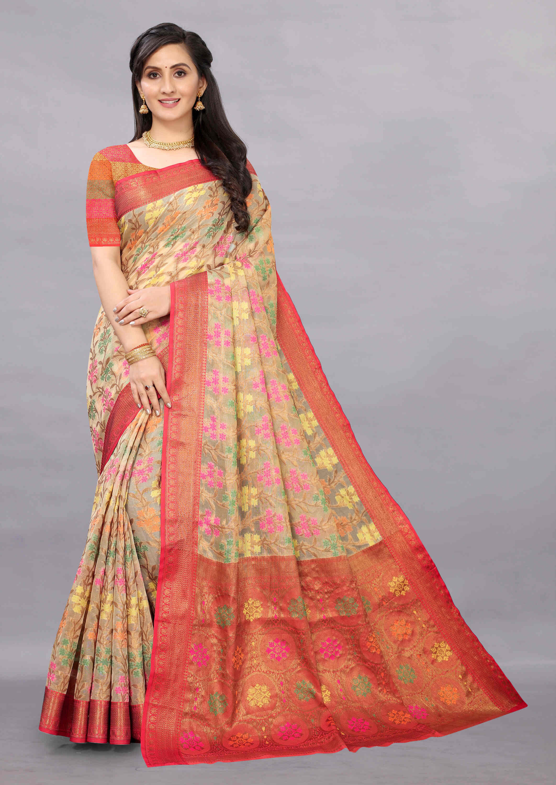 Cream Red Soft Organza Silk Saree  With Rich golden Zari Wooven  Pallu  Zari weawing